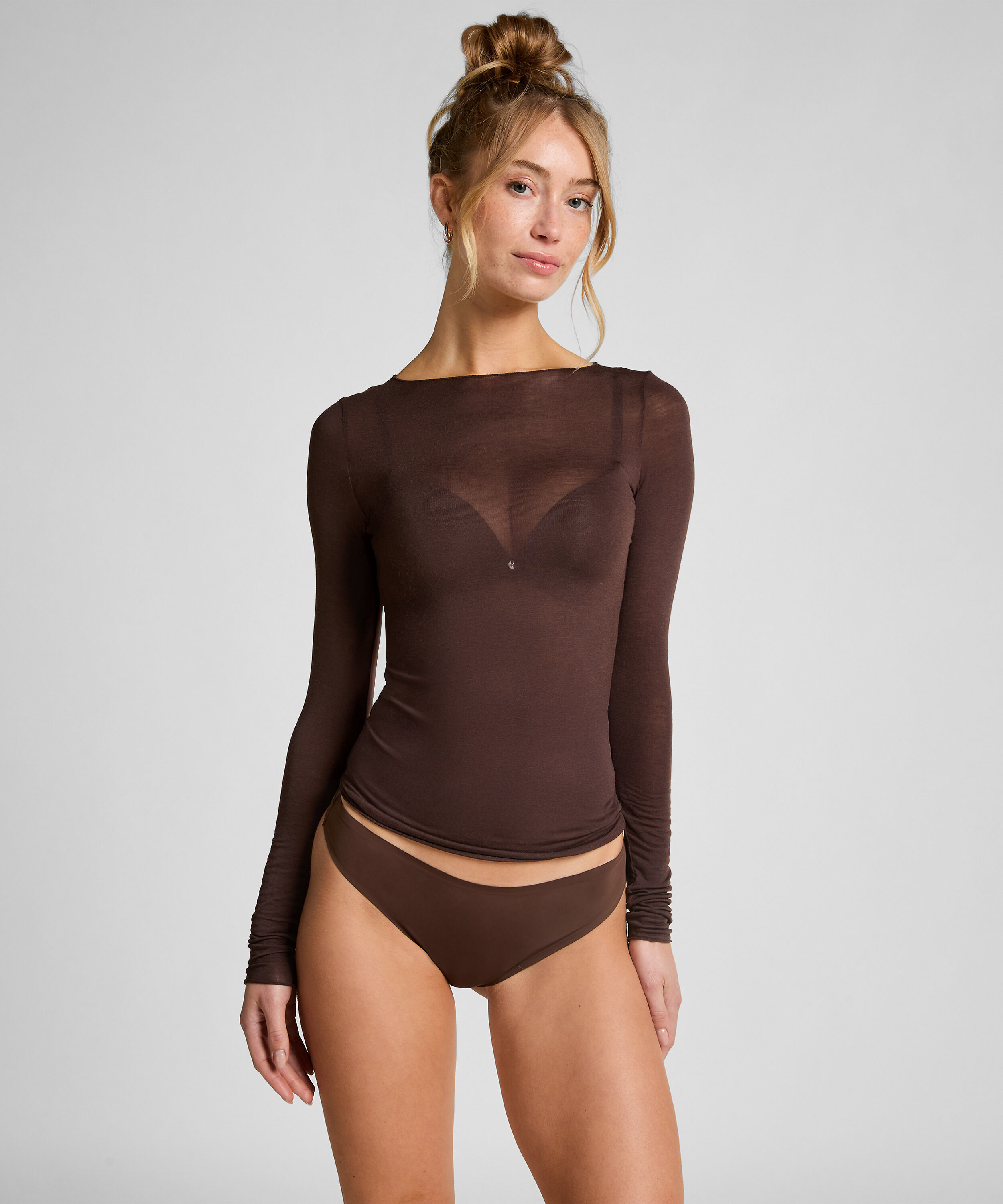 super soft Boatneck Shirt with Cashmere, Brown