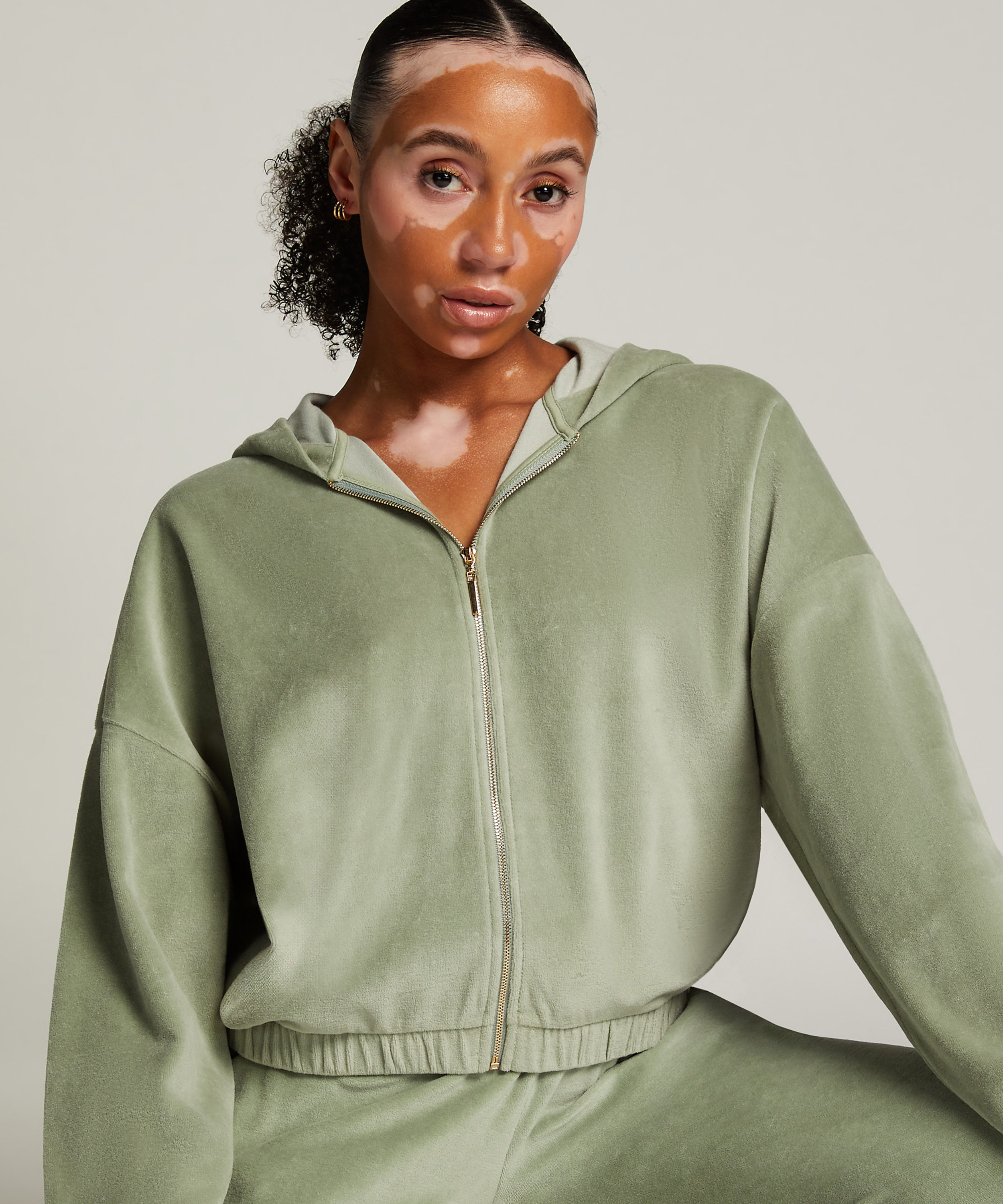 Velours Long-Sleeved Jacket, Green, main