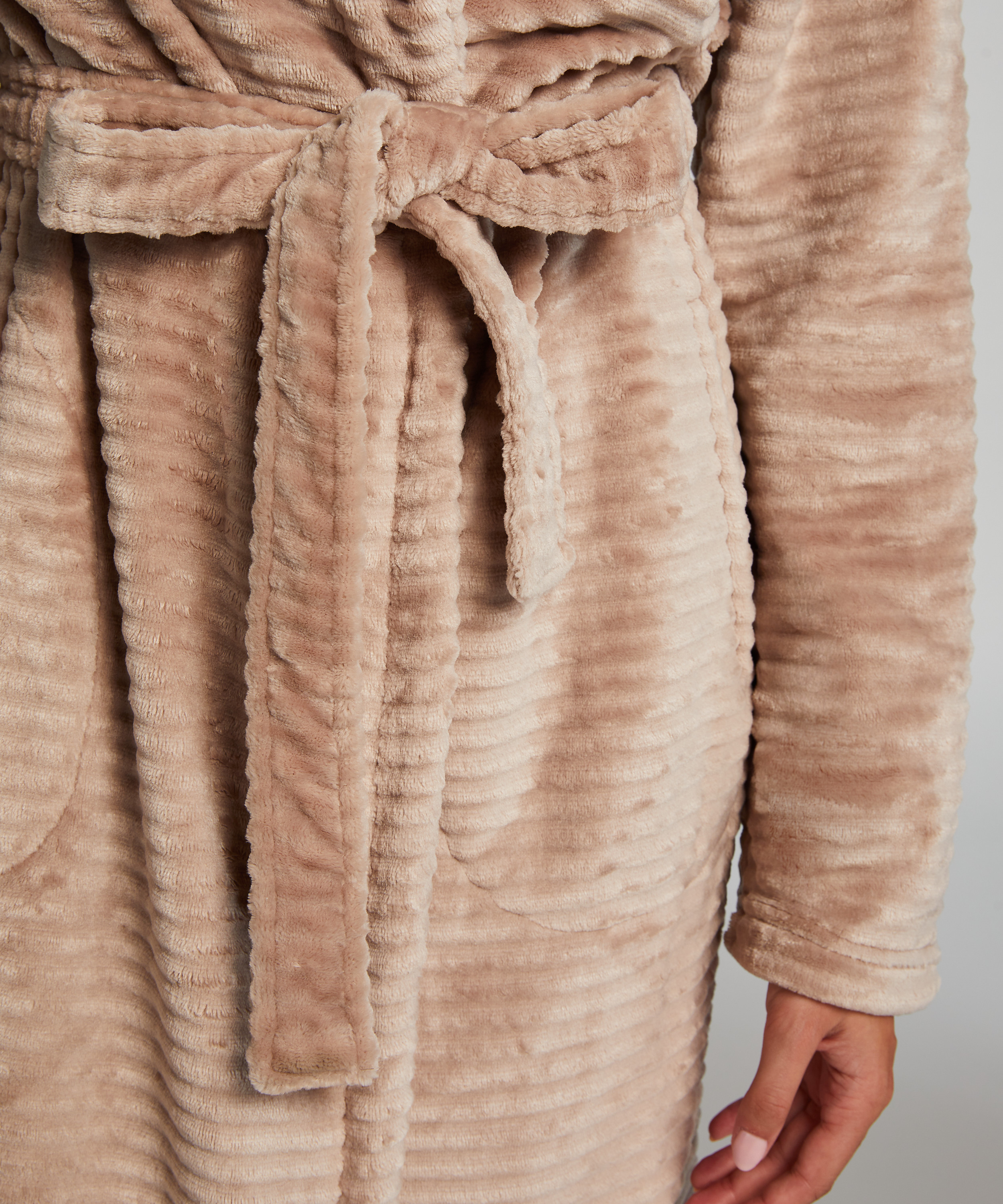 Long Fleece Ribbed Bathrobe, Beige, main