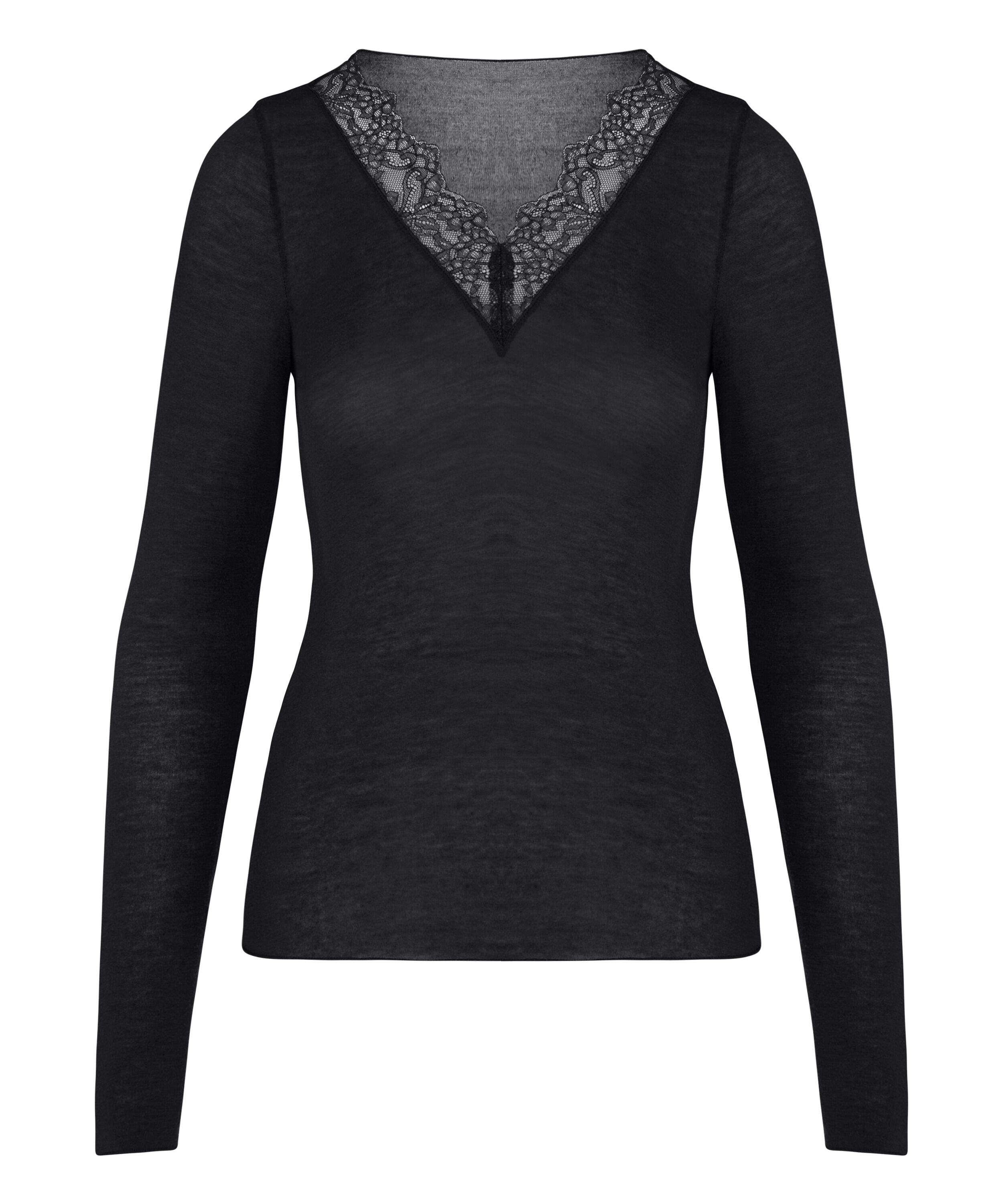 super soft Lace V-Neck Shirt with Cashmere, Black