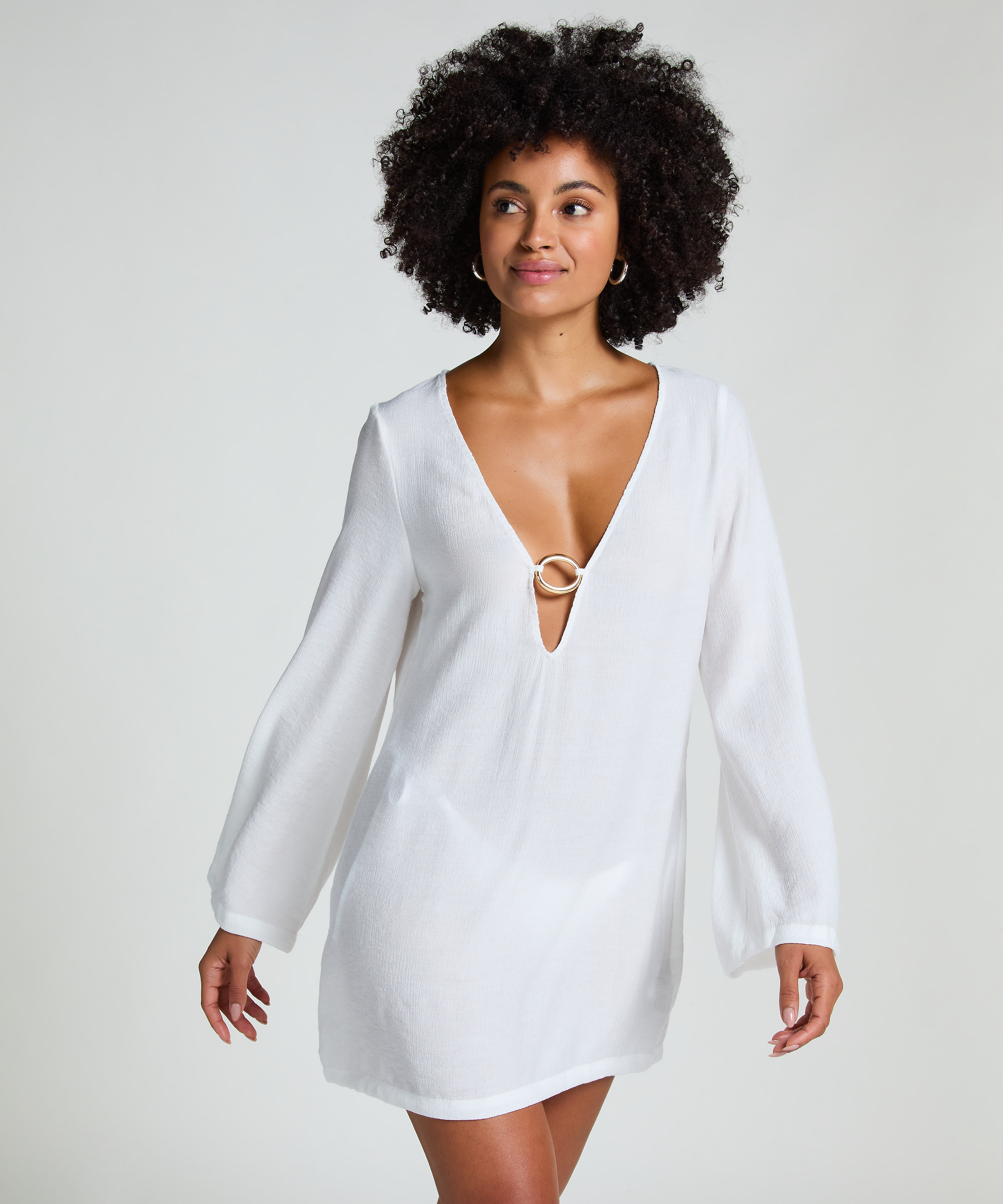 Beach Long-Sleeved Ring Dress, White, main