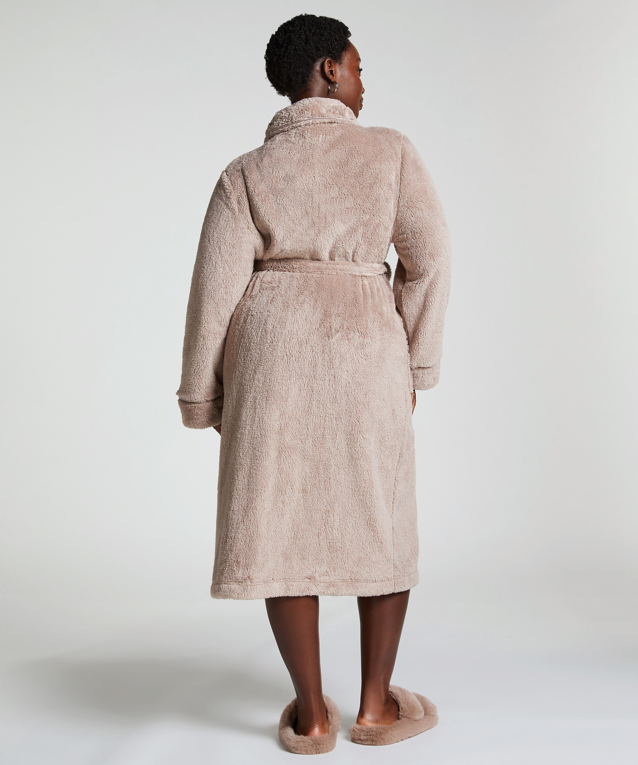 Long Fleece Bathrobe, Beige, main