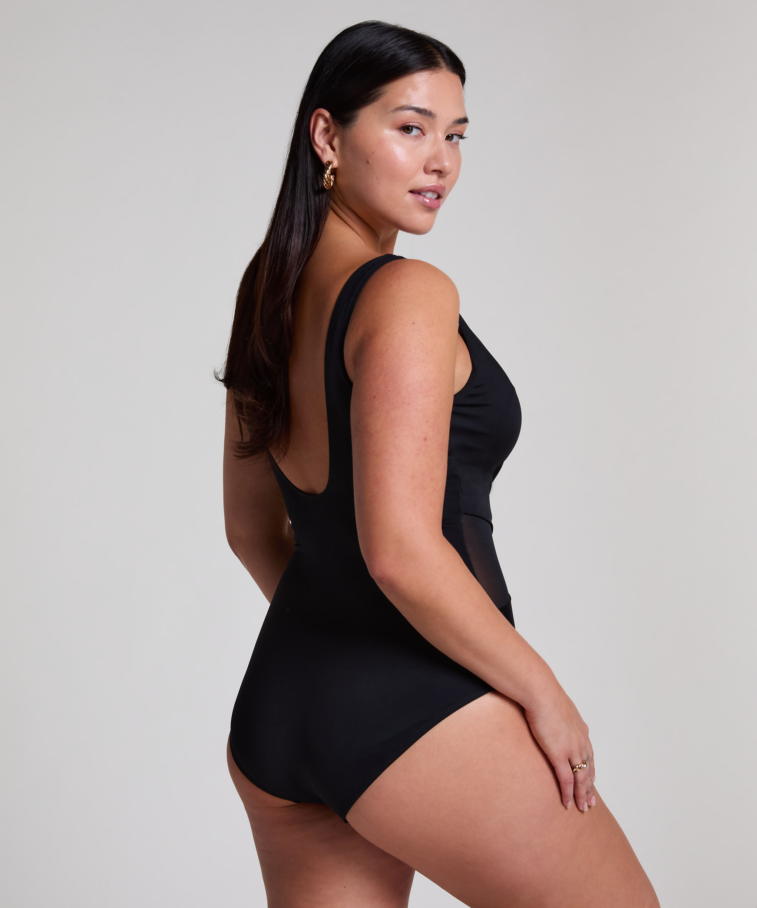 Shaping Shell Mesh Swimsuit, Black, main