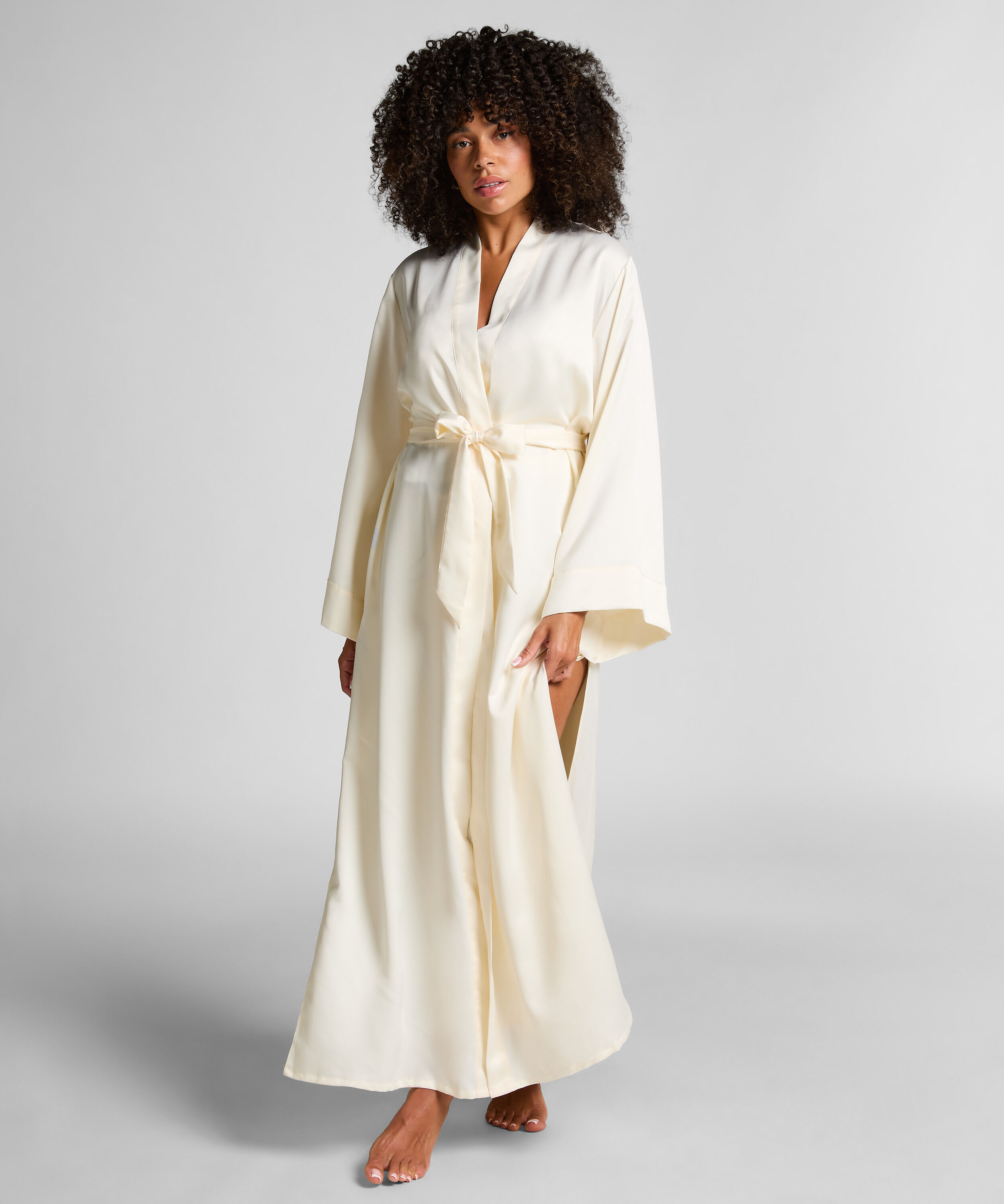 Kimono Long Satin Floral, White