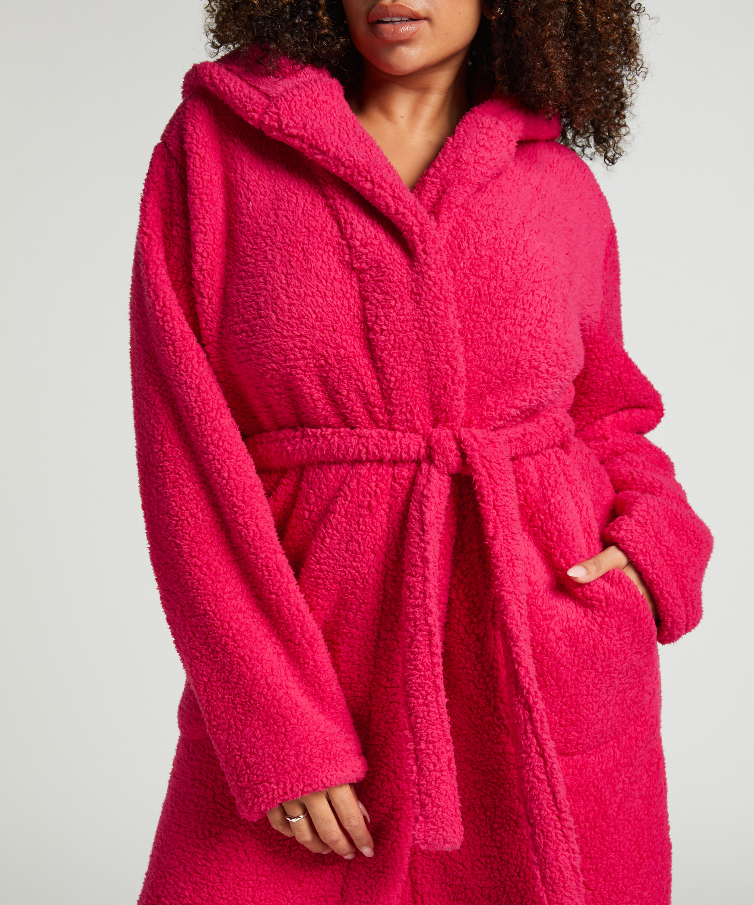 Long Fleece Bathrobe, Pink, main