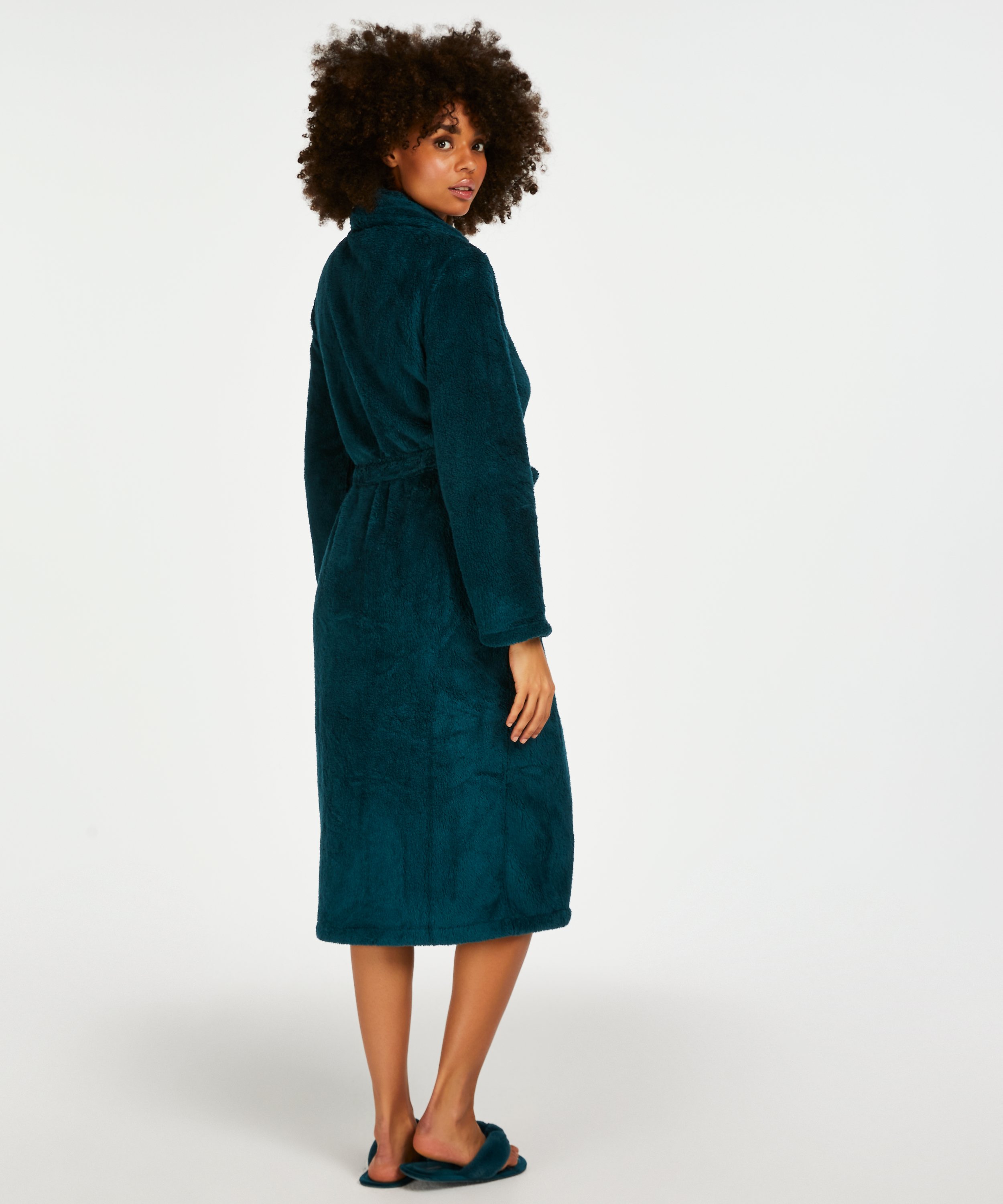 Long Fleece Bathrobe, Blue, main