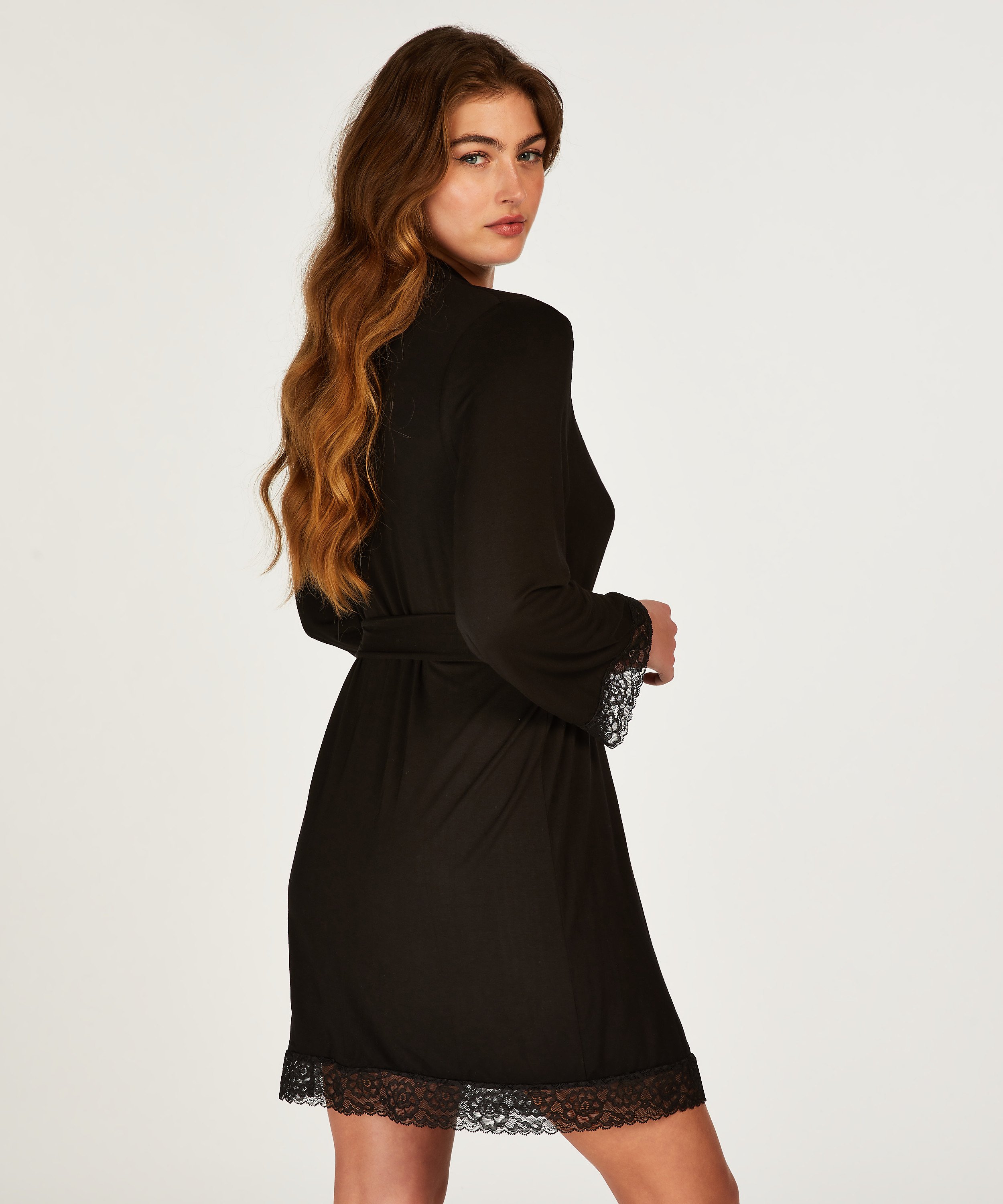 Short Viscose Lace Robe, Black, main