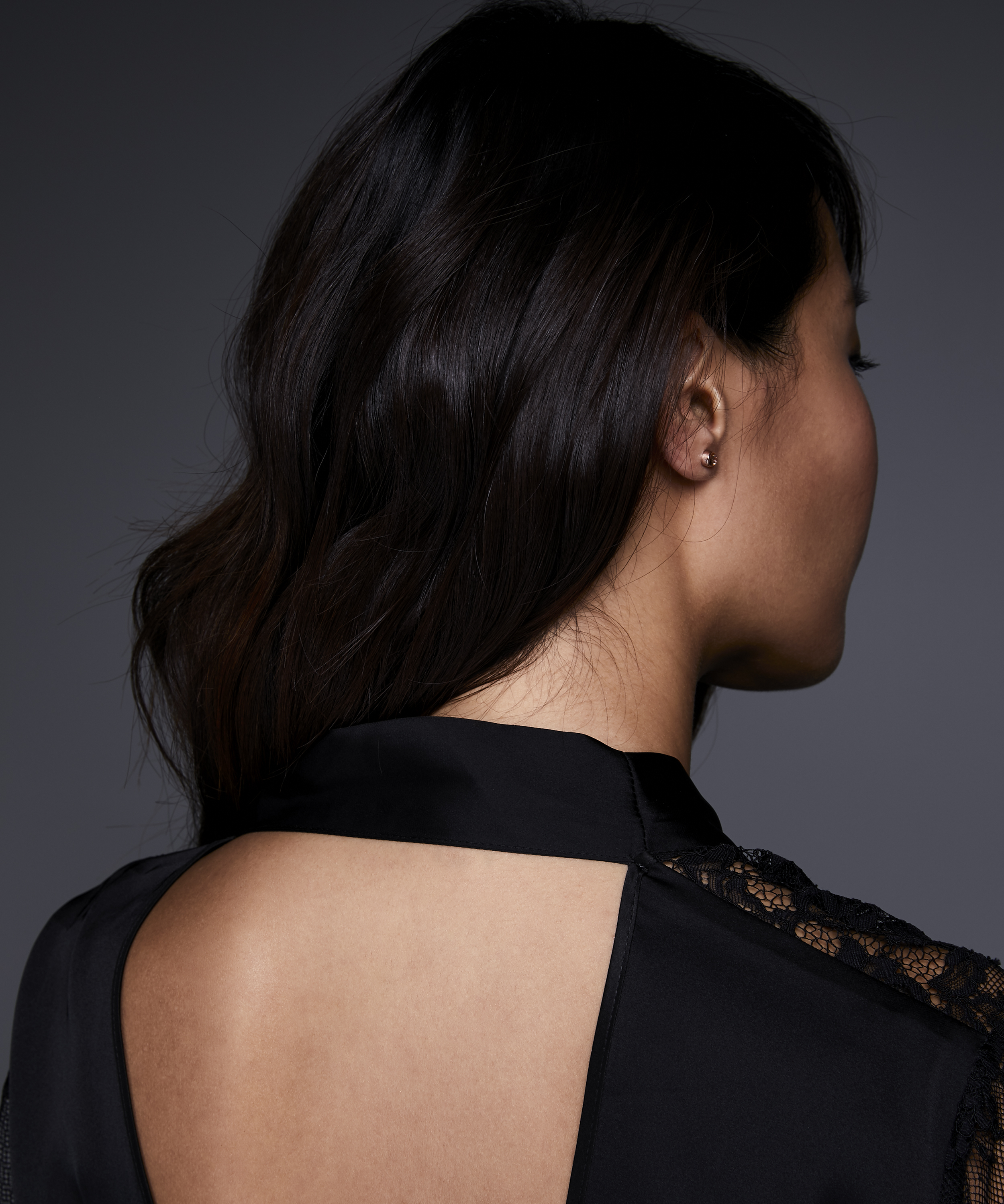 Satin Lace Flared Kimono, Black, main