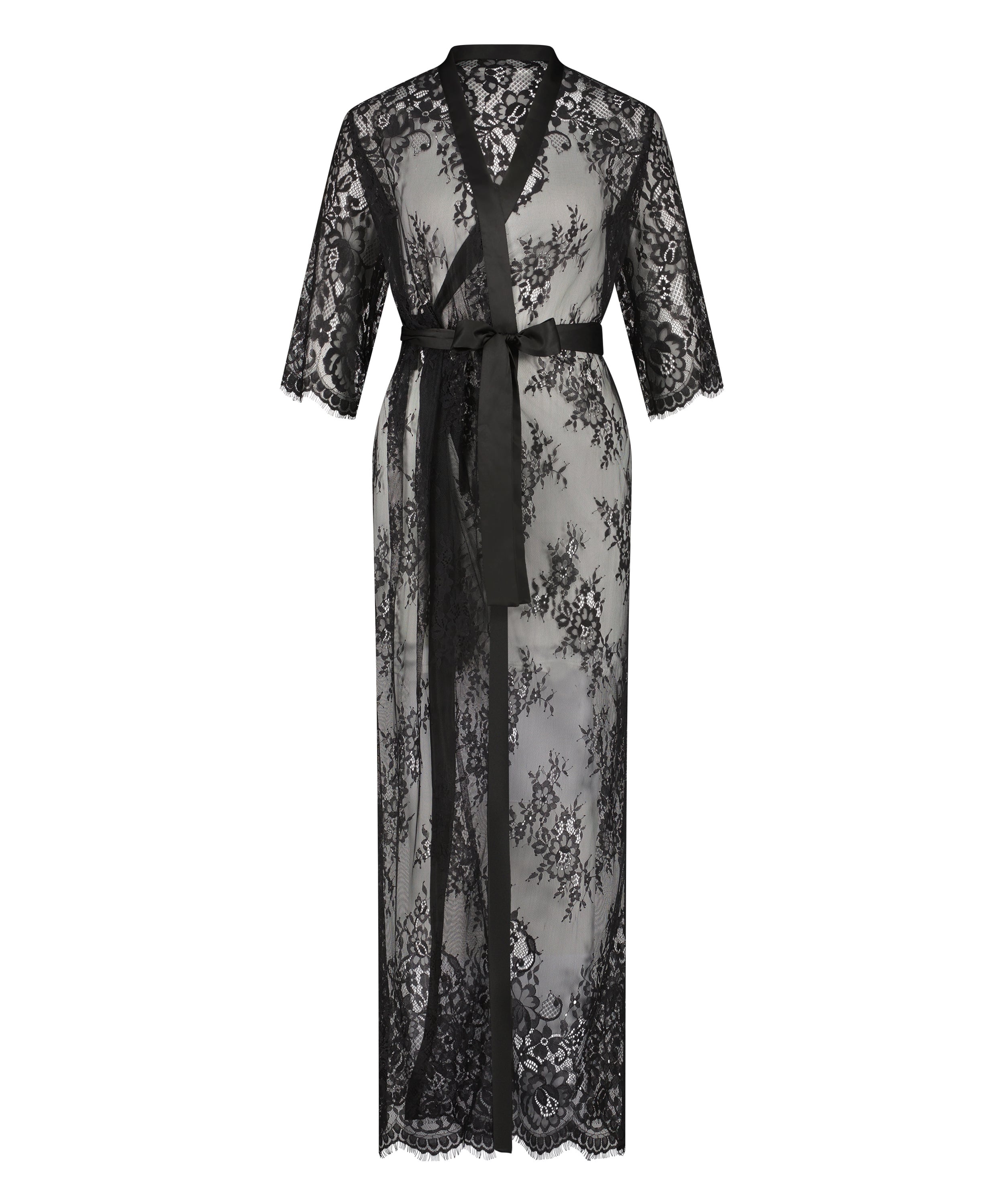 Long Allover Lace Kimono, Black, main