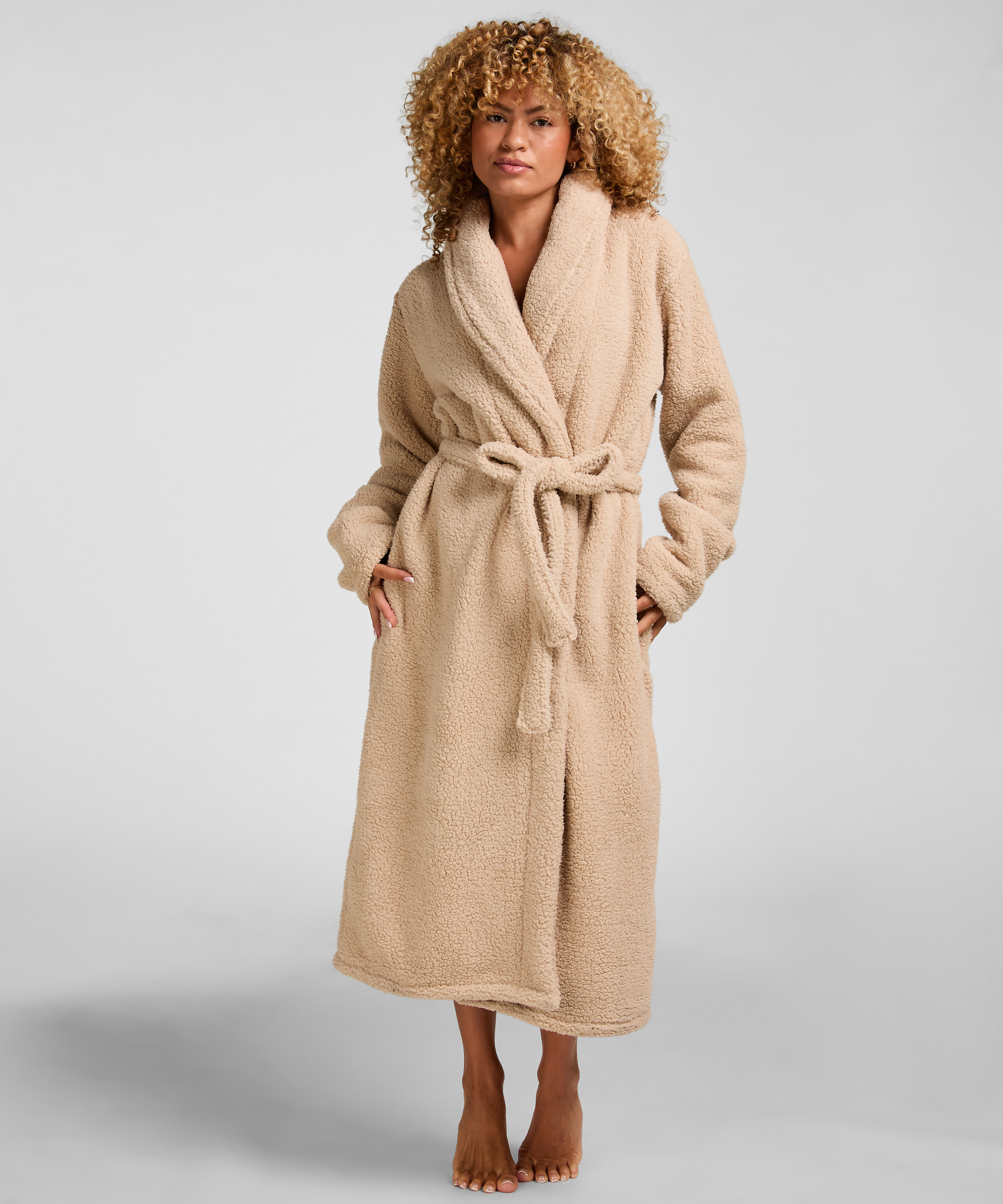 Long Fleece Bathrobe, Beige, main
