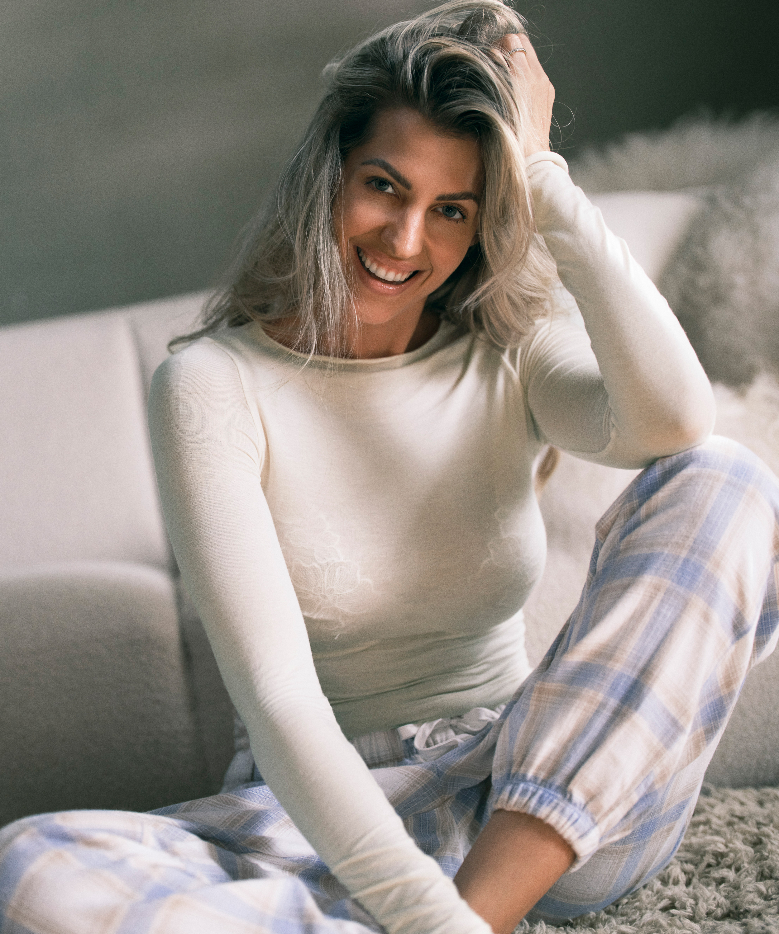 Petite Twill Check Pyjama Pants, Blue, main