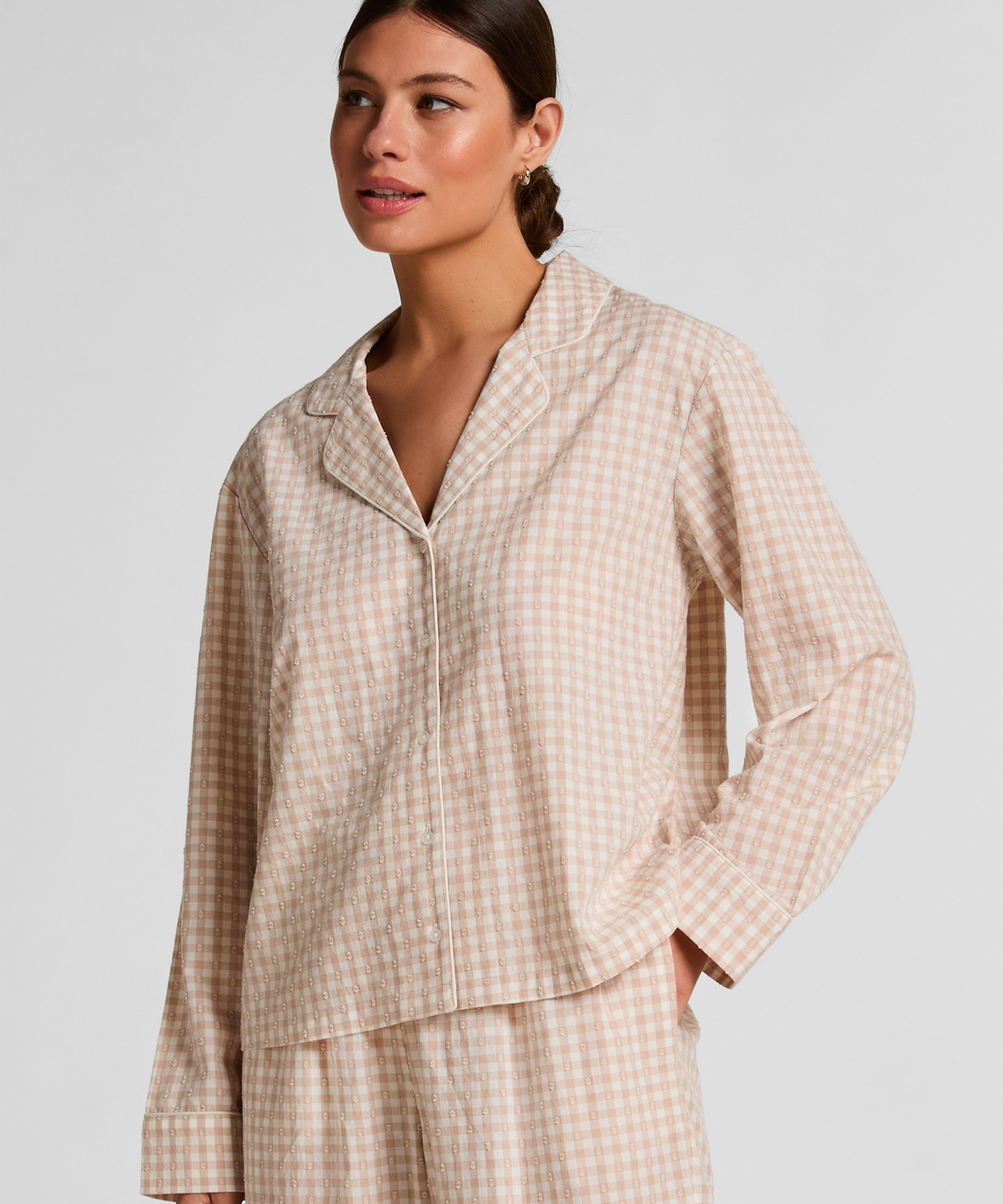 Dobby Pyjama Jacket Woven Cotton, Beige, main
