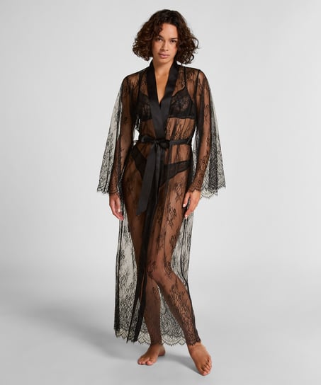 Long Allover Lace Kimono, Black