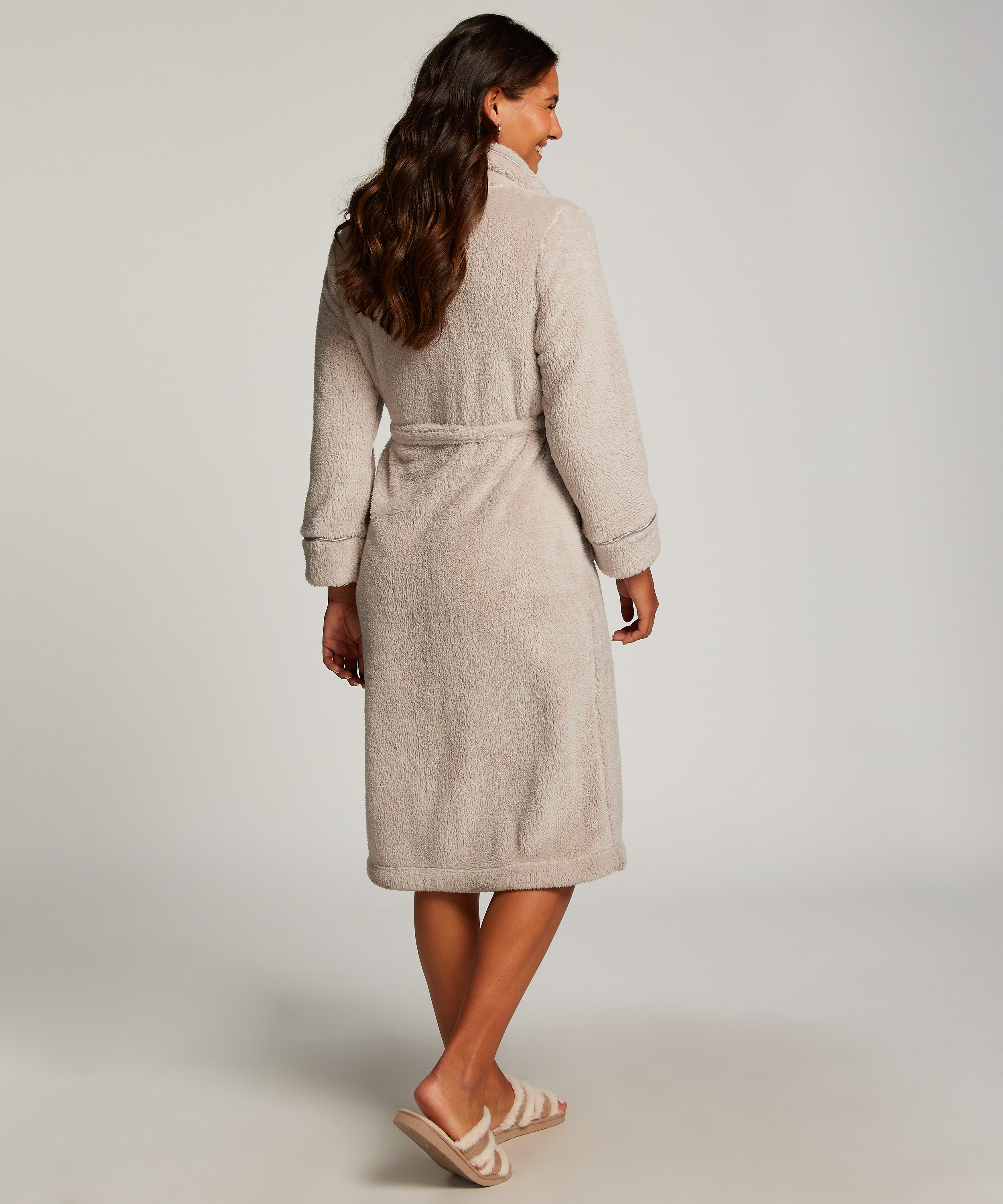 Long Fleece Bathrobe, Brown, main