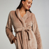 Long Fleece Ribbed Bathrobe, Beige