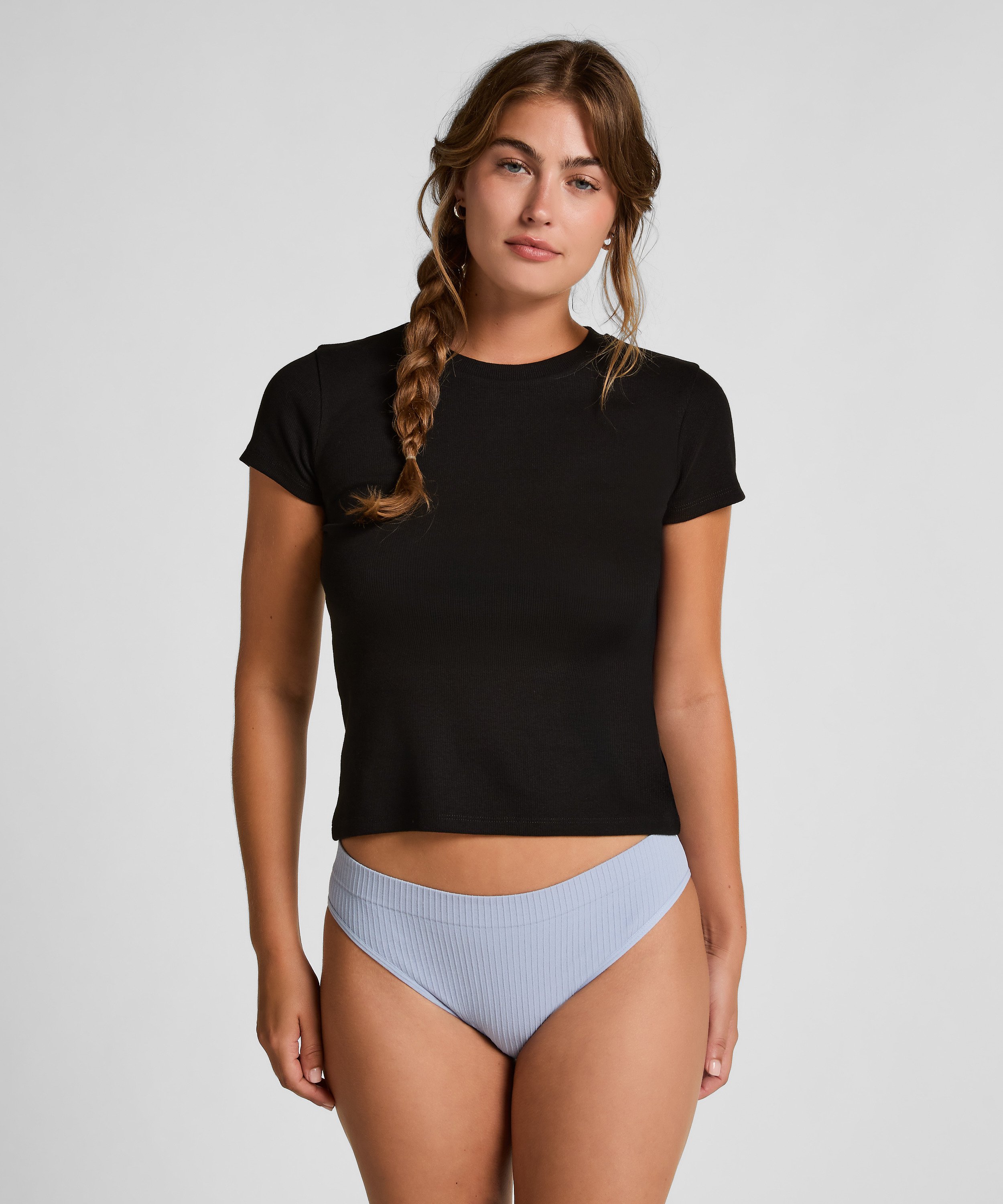 Ribbed Crew Neck Short-Sleeved Pyjama Top, Black, main