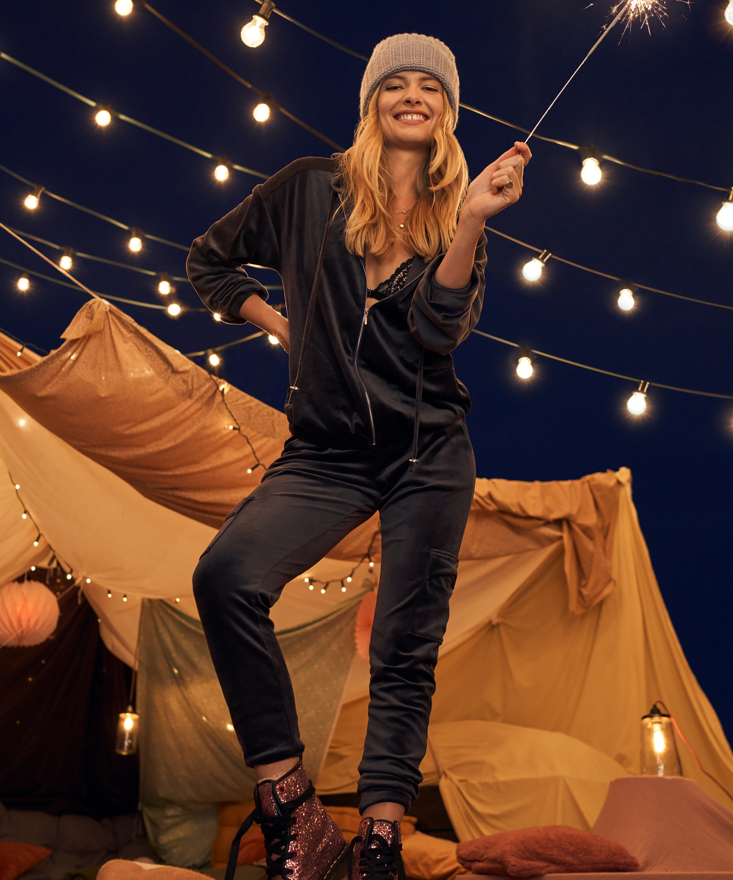 Velvet Jogging Pants Cargo, Gray, main