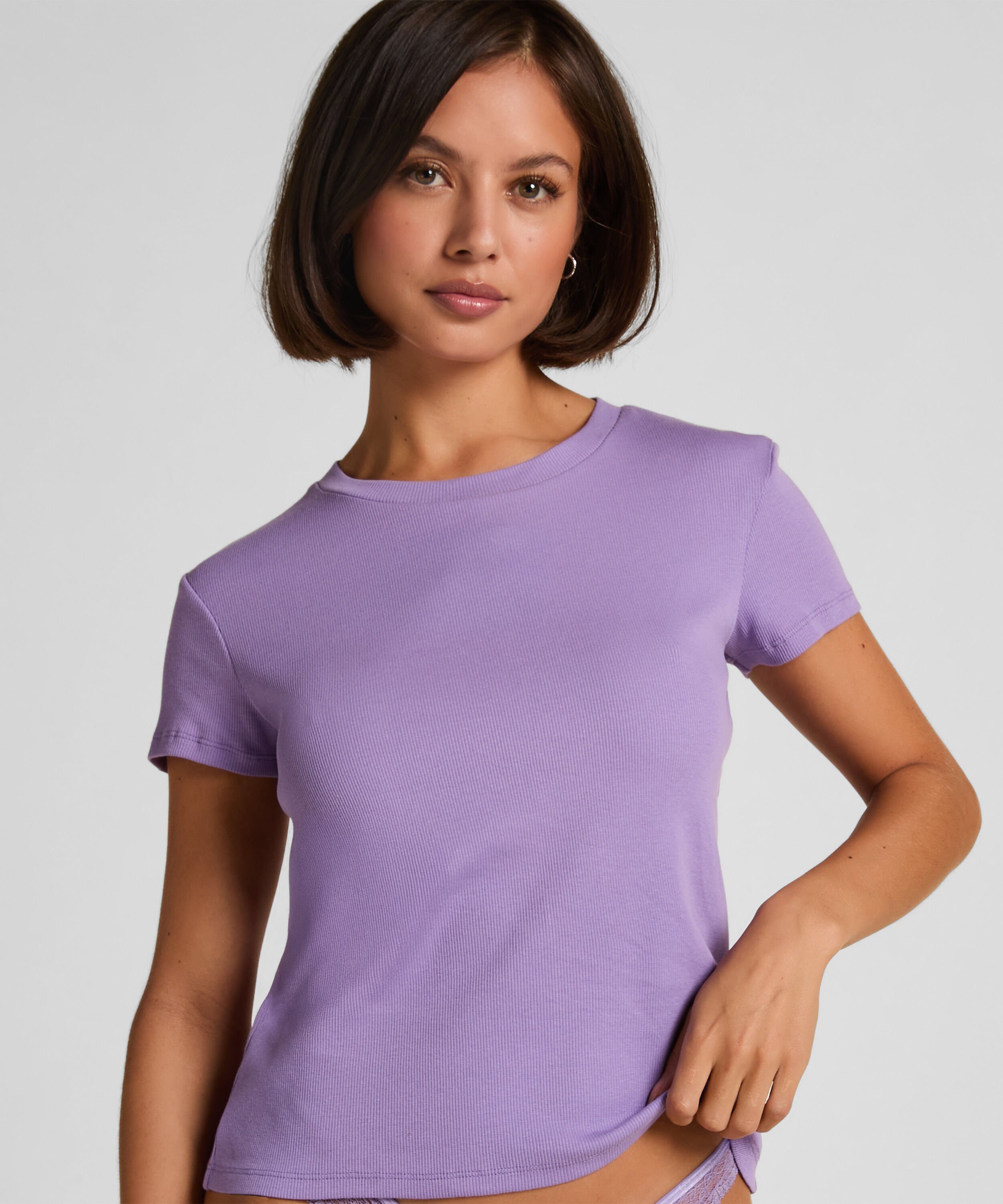 Ribbed Crew Neck Short-Sleeved Pyjama Top, Purple