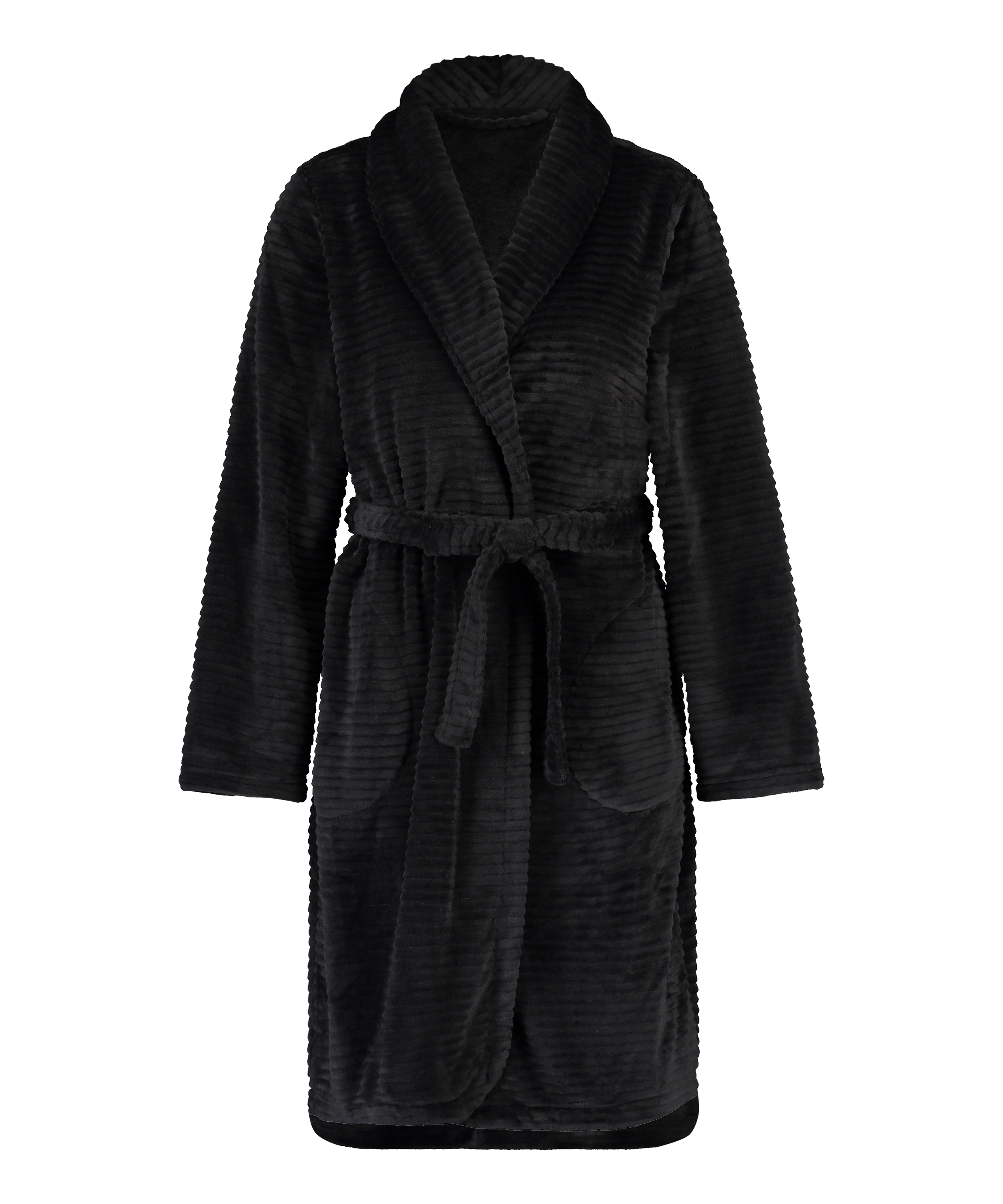 Short Fleece Ribbed Bathrobe, Black, main