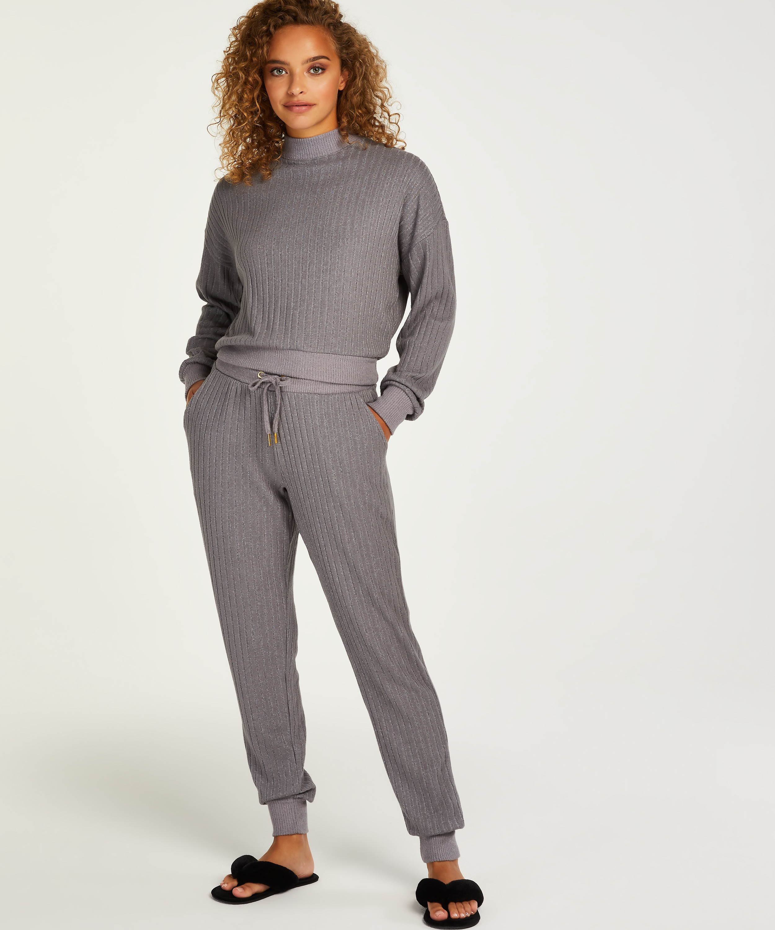 Petite Brushed Rib Pyjama Pants, Gray, main