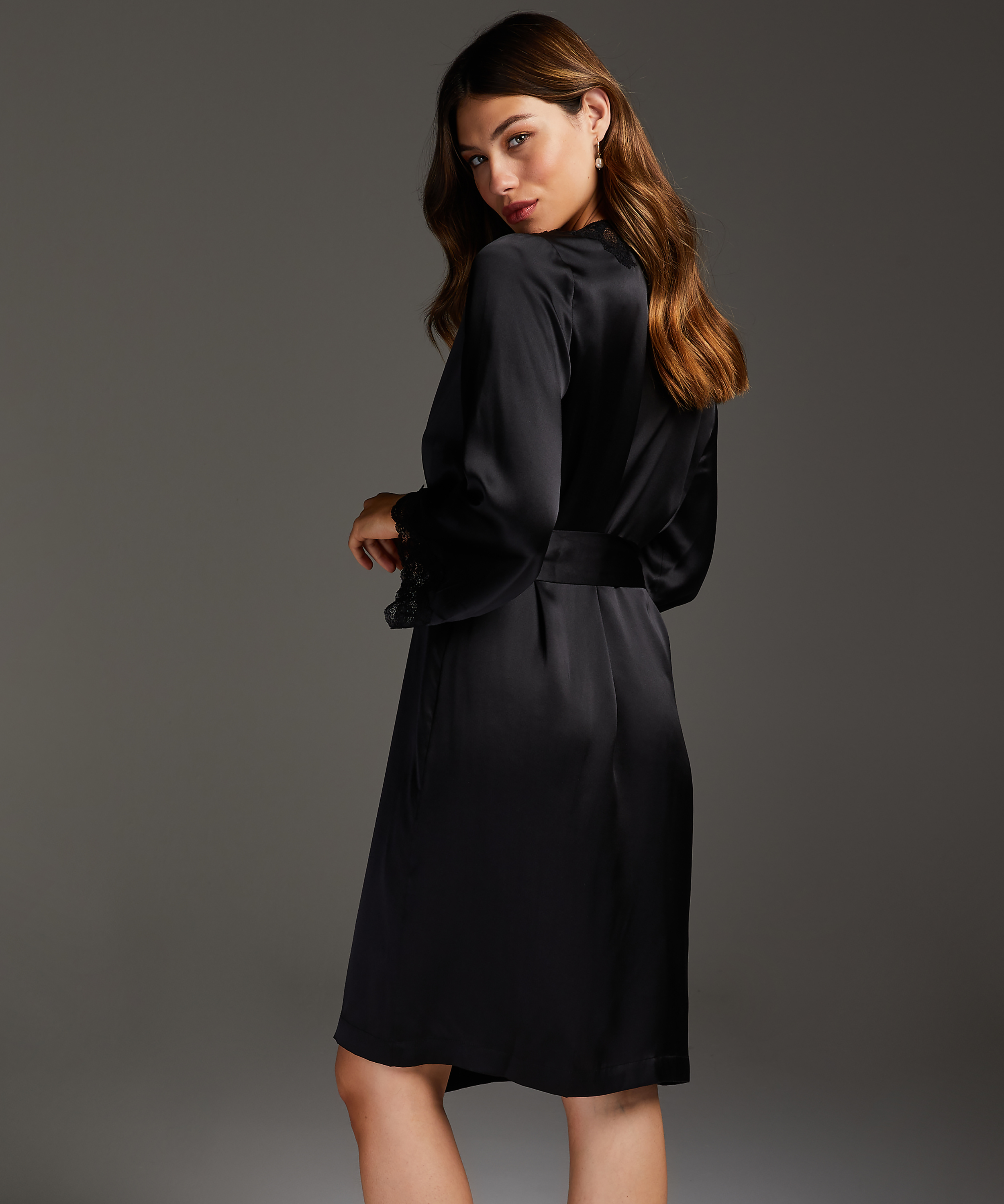 Silk lace trim kimono, Black, main