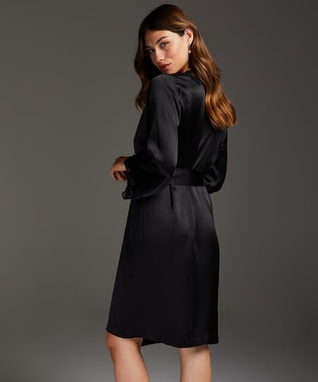 Silk lace trim kimono, Black