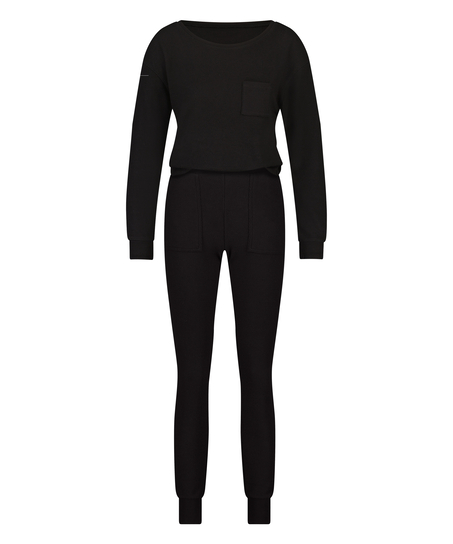 Waffle Placket Pyjama, Black