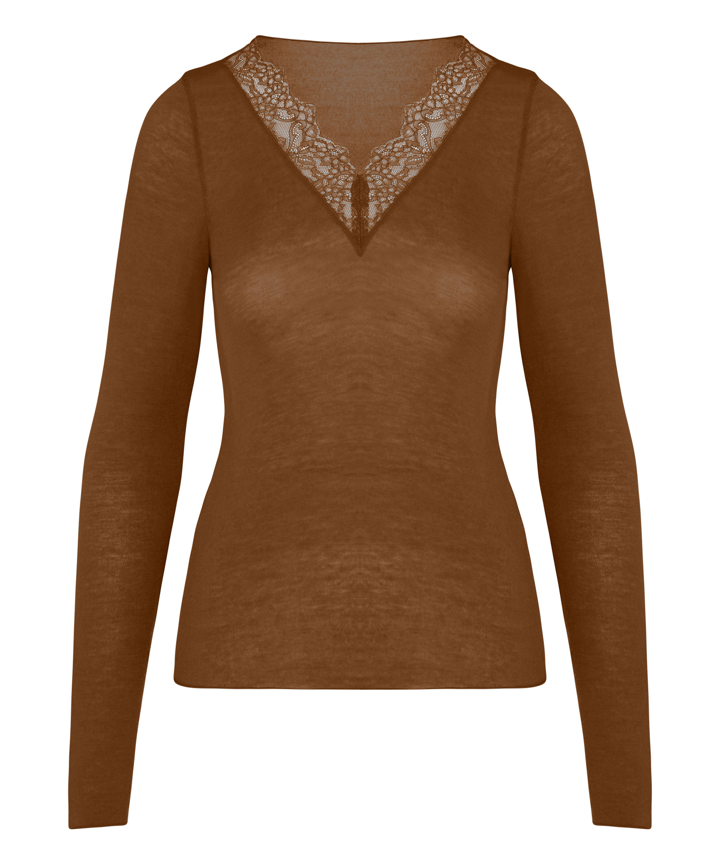 super soft Lace V-Neck shirt with Cashmere, Brown, main