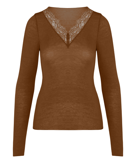 super soft Lace V-Neck shirt with Cashmere, Brown