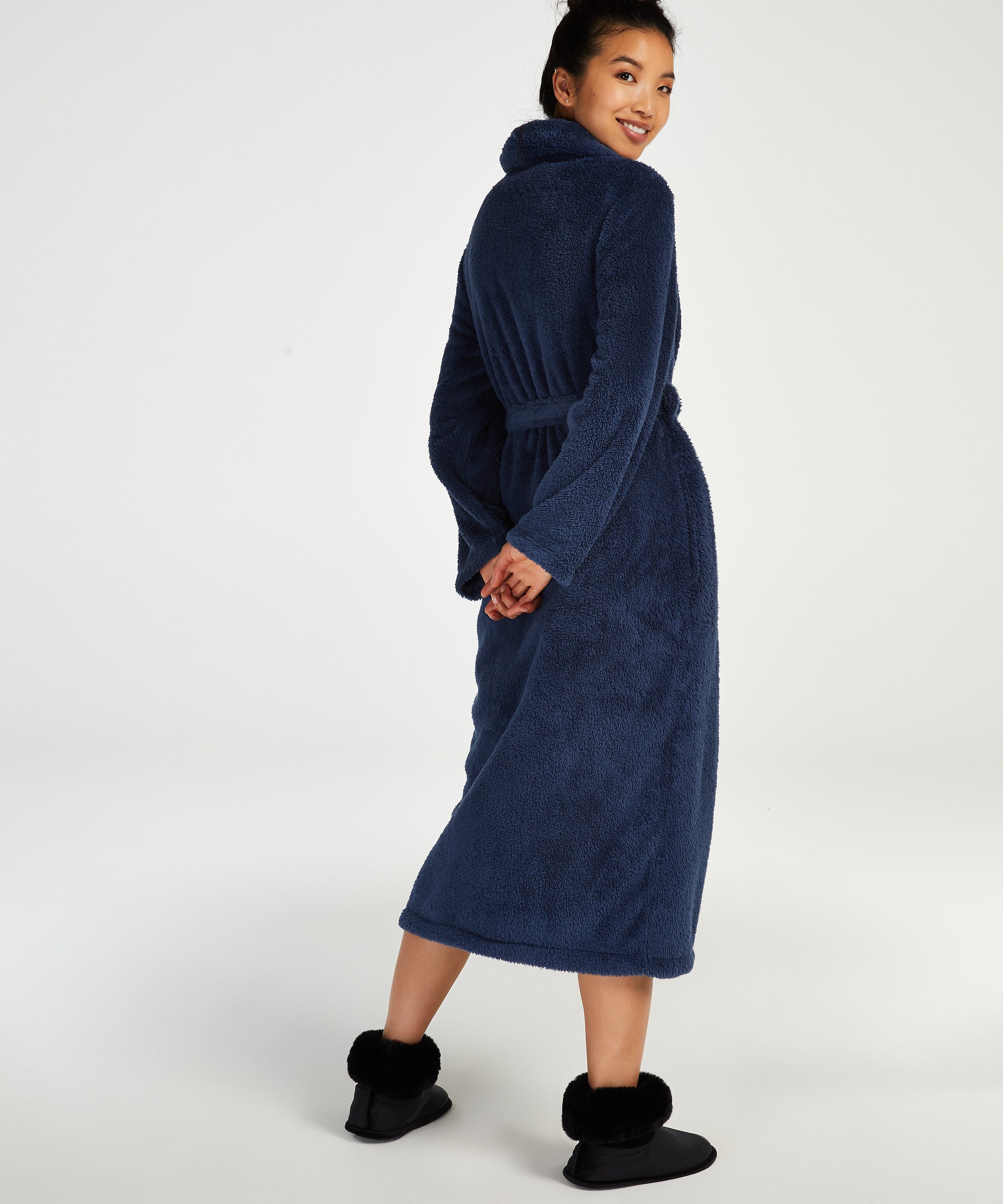 Long Fleece Bathrobe, Blue, main