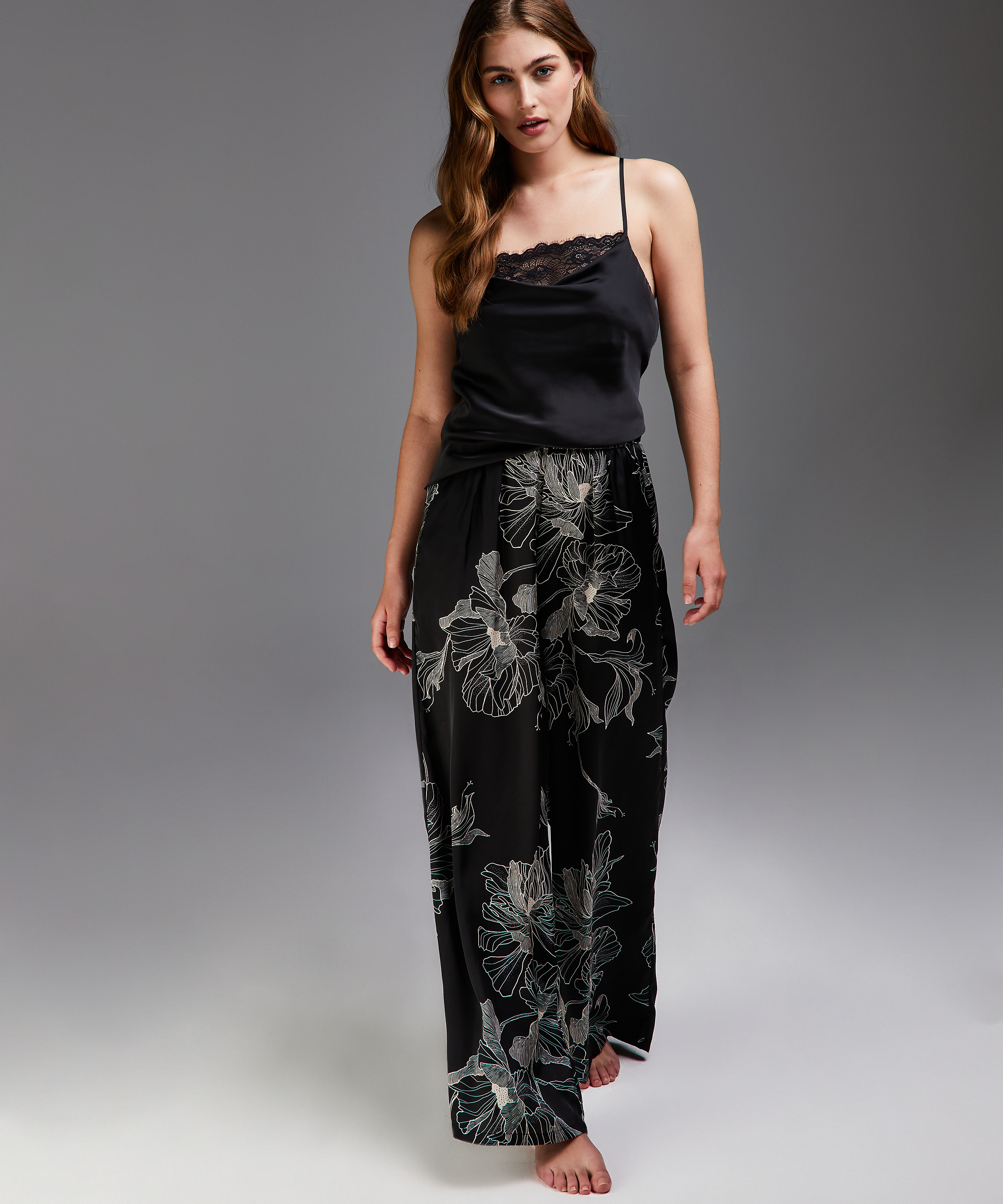 Lotus satin palazzo trousers, Black, main