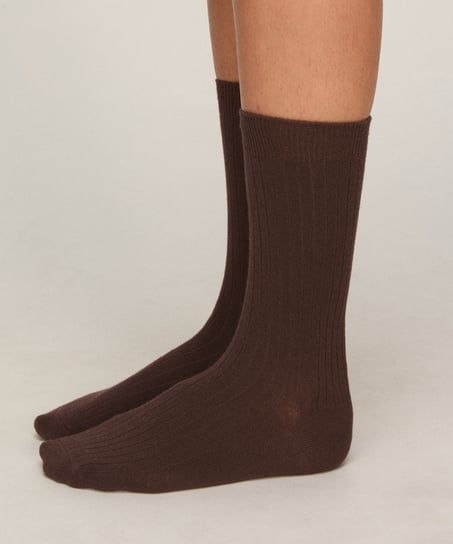 Cashmere Blend Ribbed Socks, Brown