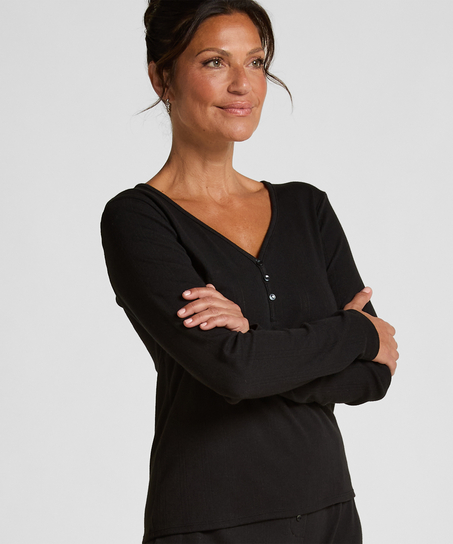 Longsleeved Pyjama Top Henley, Black