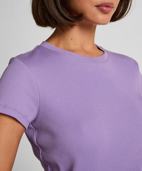 Ribbed Crew Neck Short-Sleeved Pyjama Top, Purple