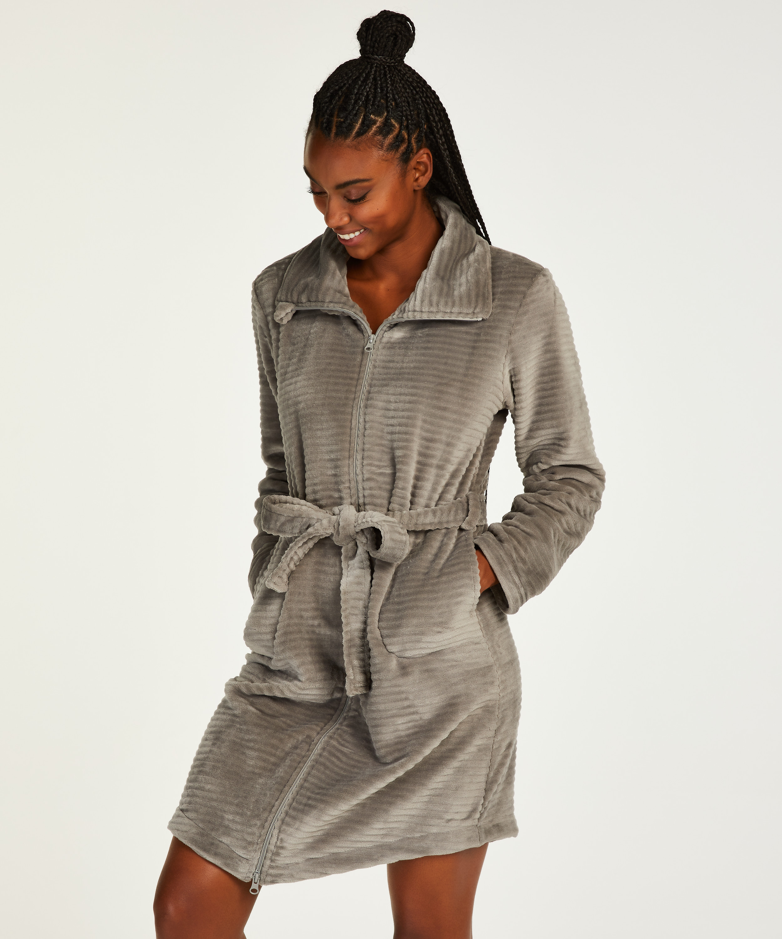 Fleece Zip Bathrobe, Gray, main