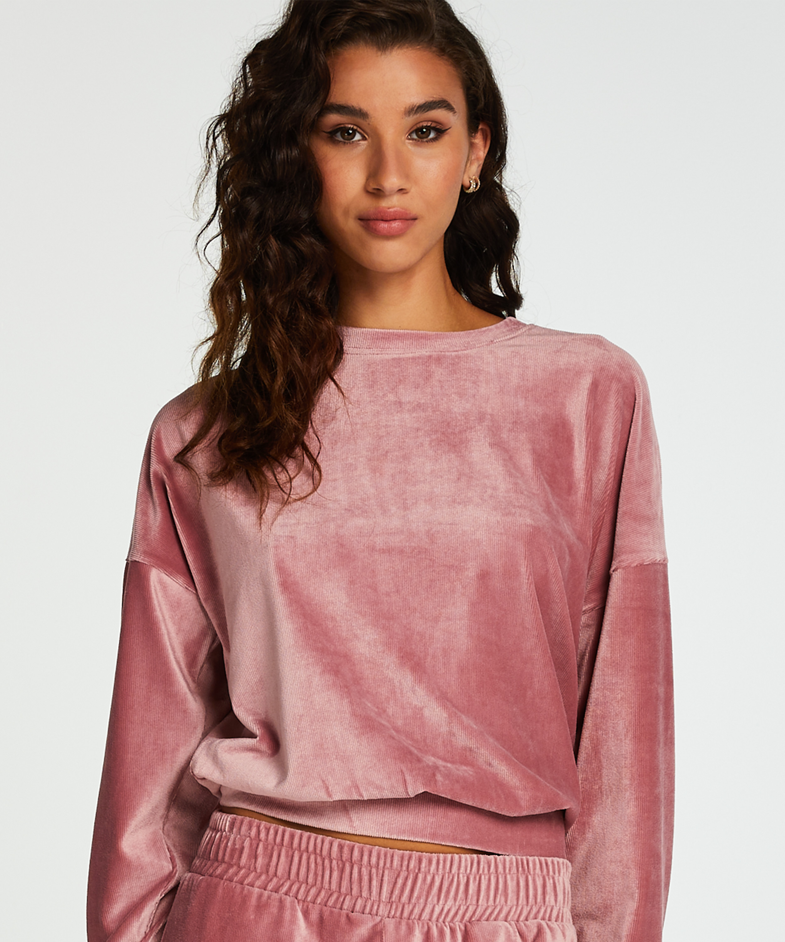 Velour rib top with long sleeves, Pink, main