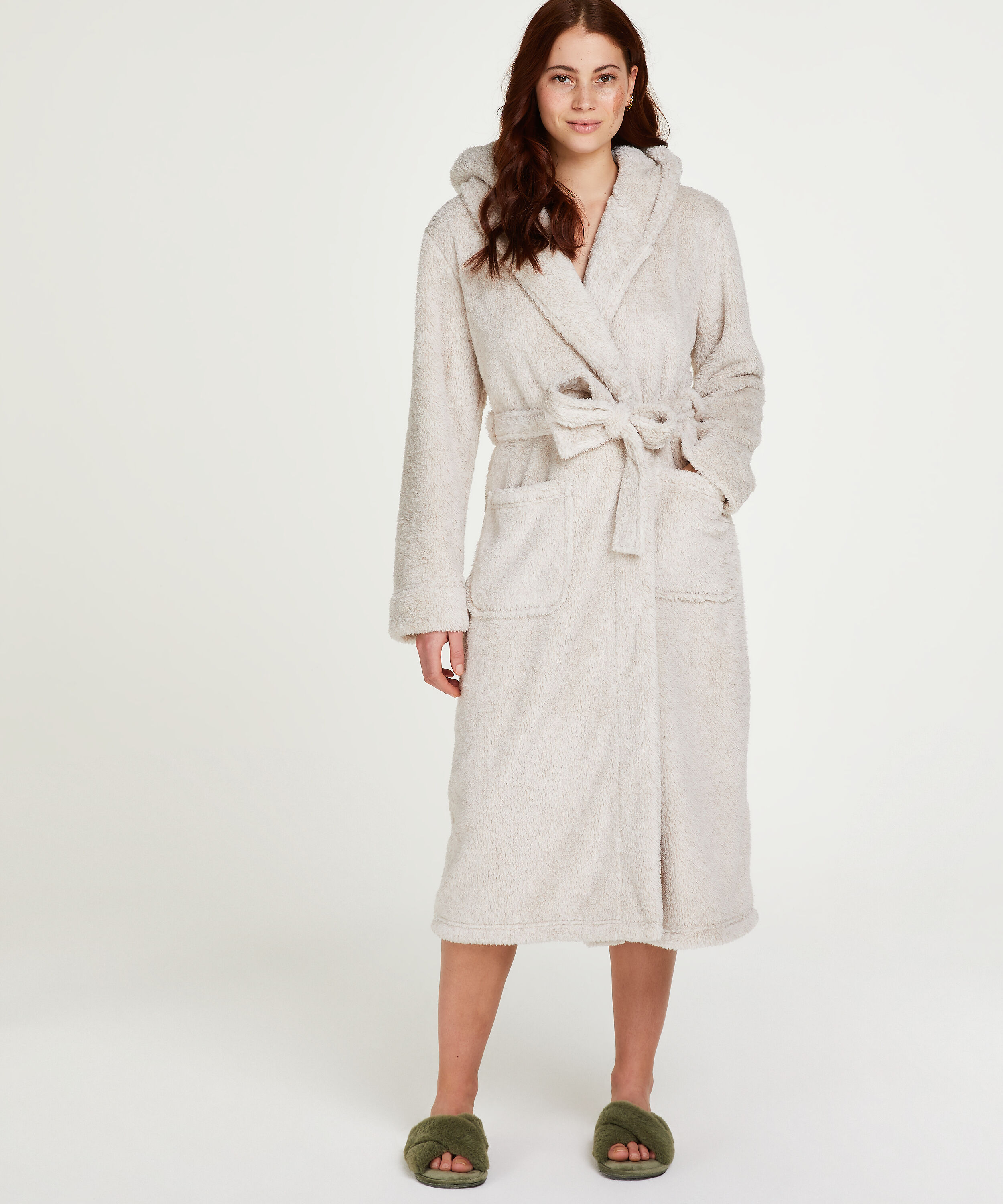 Long Fleece Bathrobe, Beige