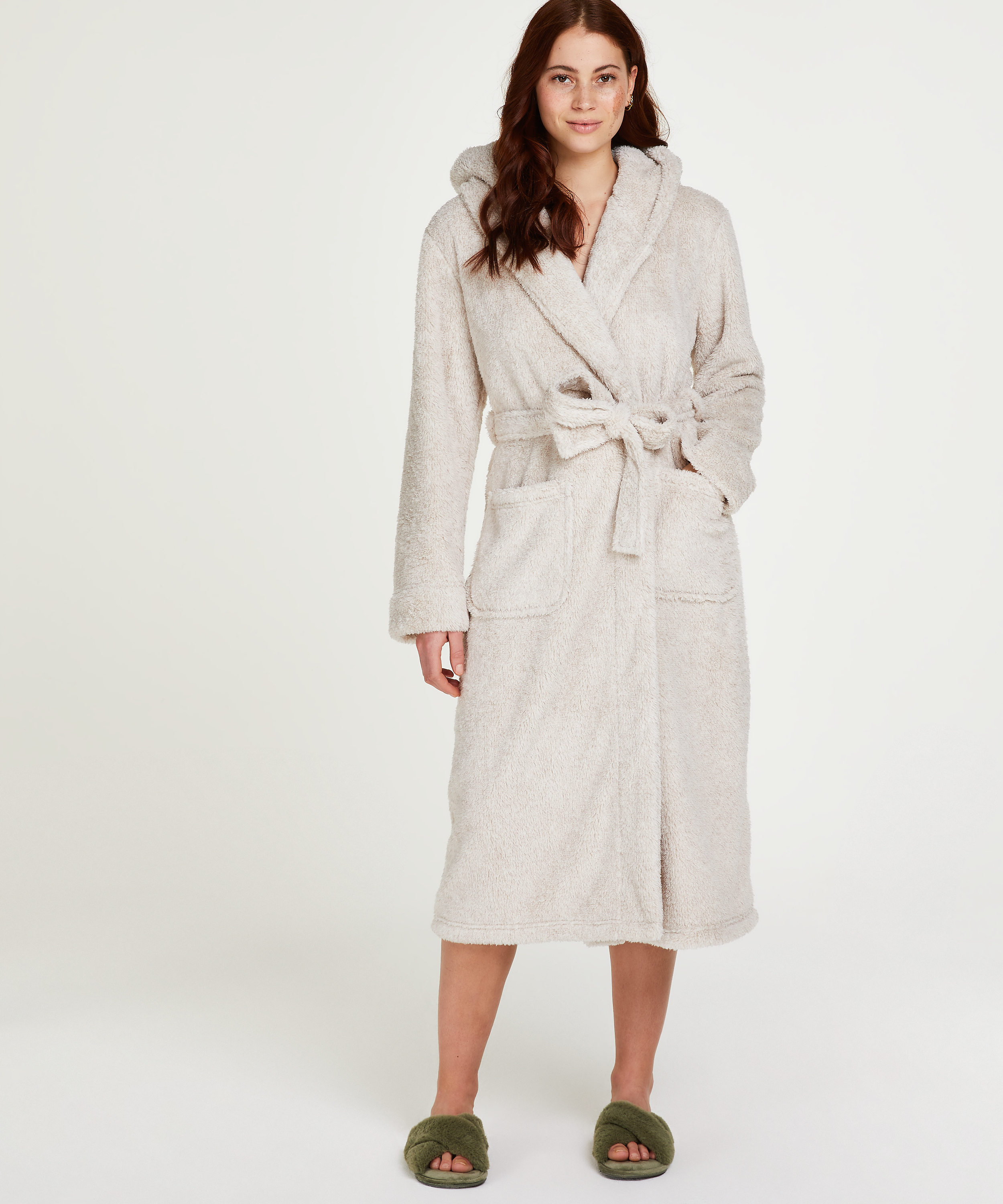 Long Fleece Bathrobe, Beige, main