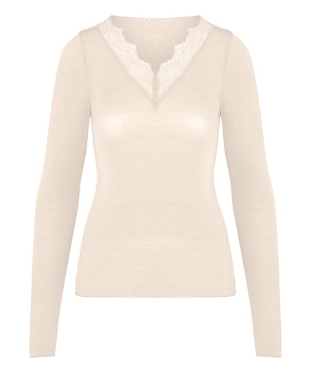 super soft Lace V-Neck Shirt with Cashmere, White