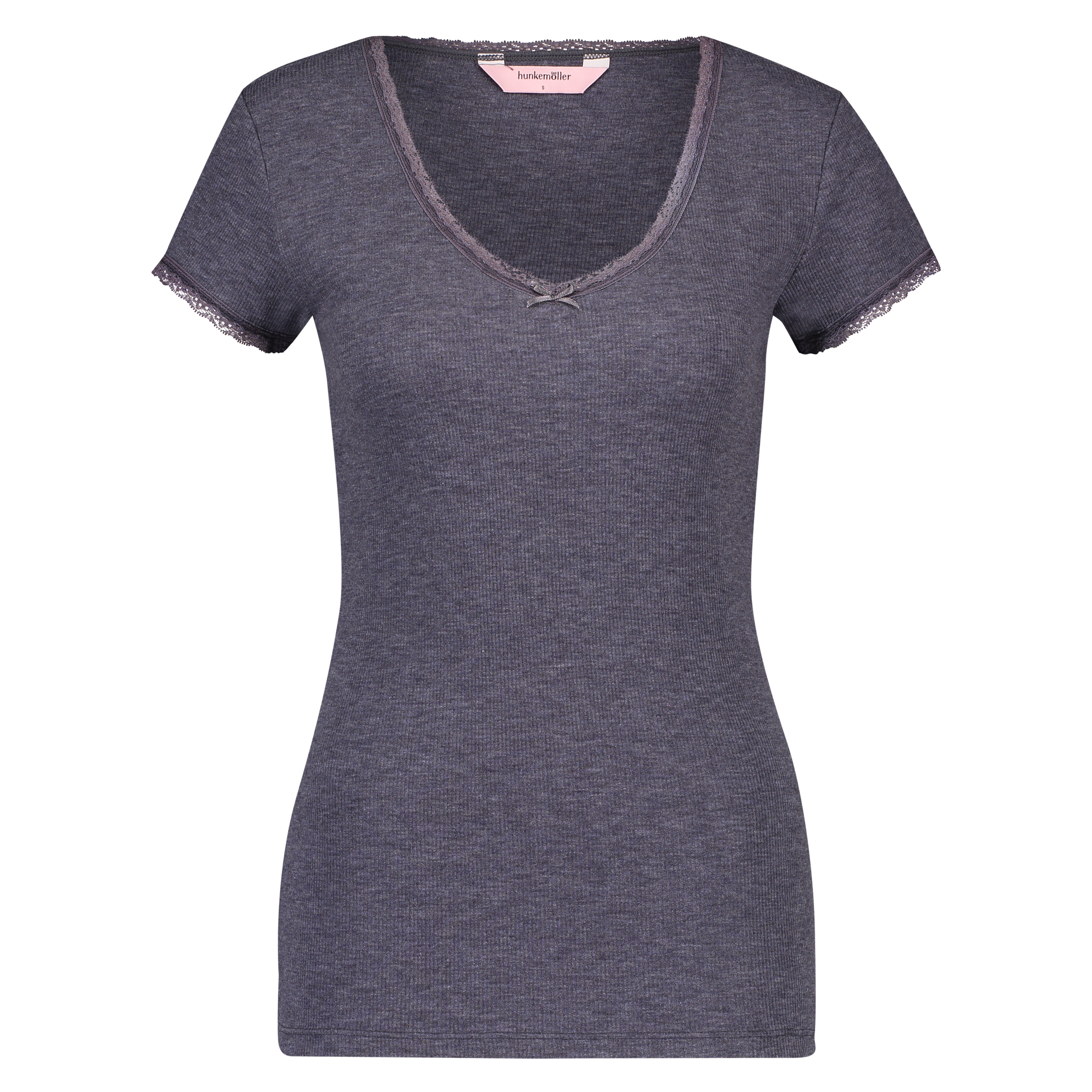 Ribbed Short-Sleeved V-Neck Pyjama Top, Gray, main