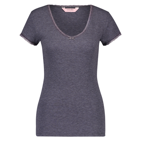 Ribbed Short-Sleeved V-Neck Pyjama Top, Gray
