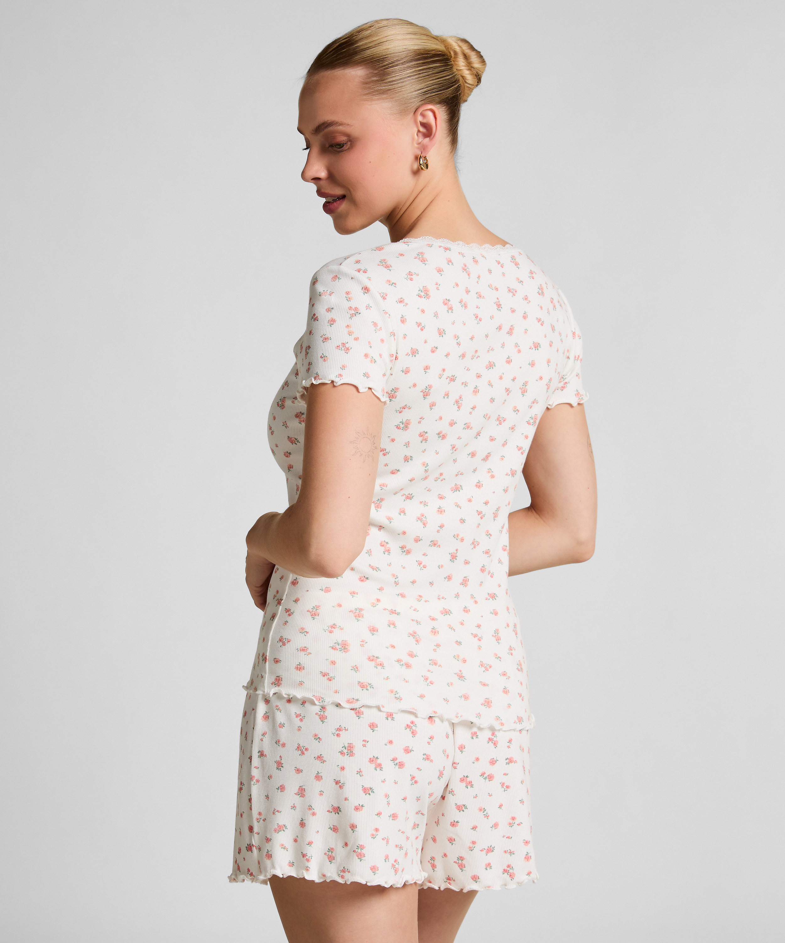 Ribbed Lace Short-sleeved Top, White, main