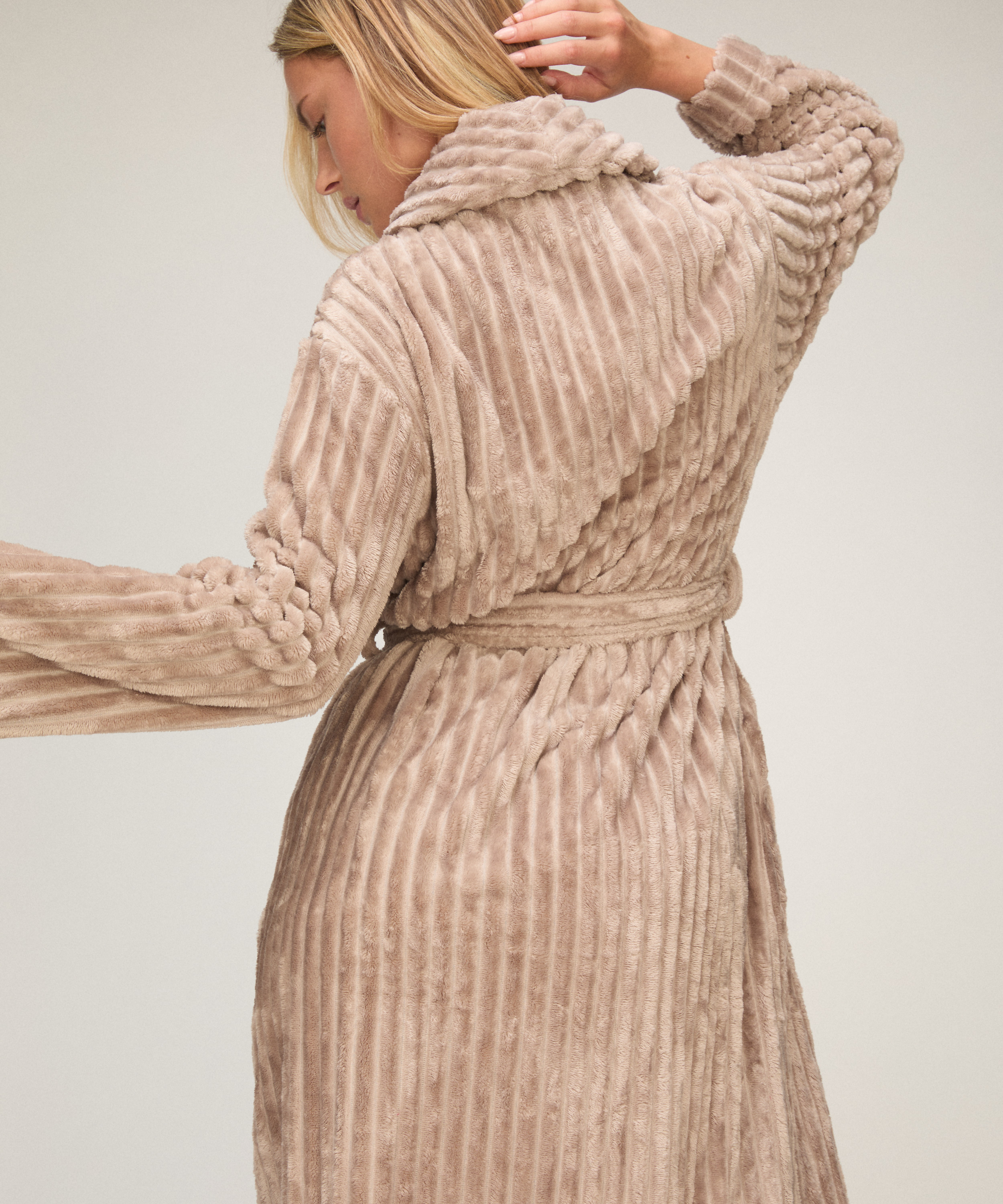 Bathrobe Jacqueared Fleece, Beige, main