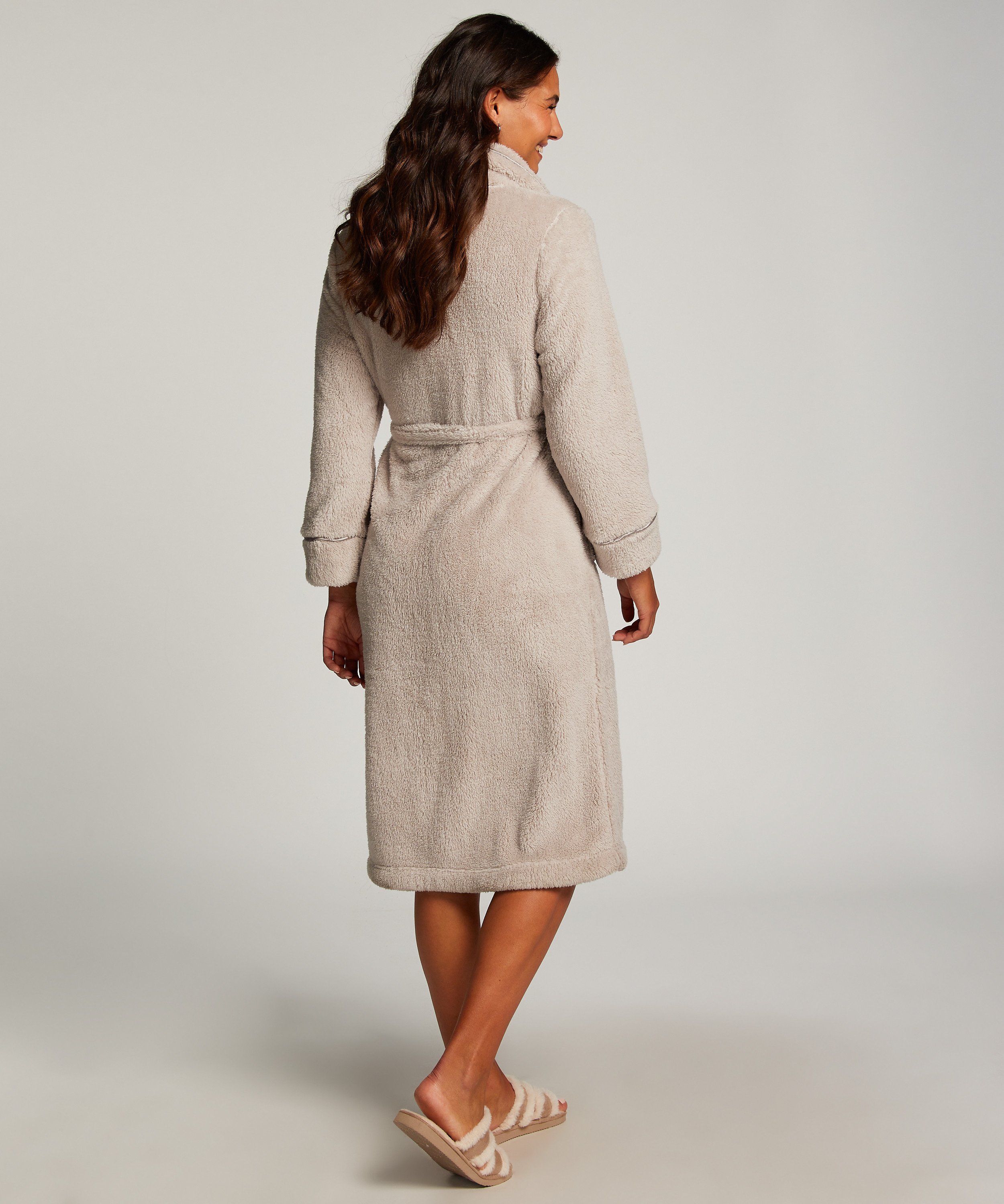 Long Fleece Bathrobe, Brown, main