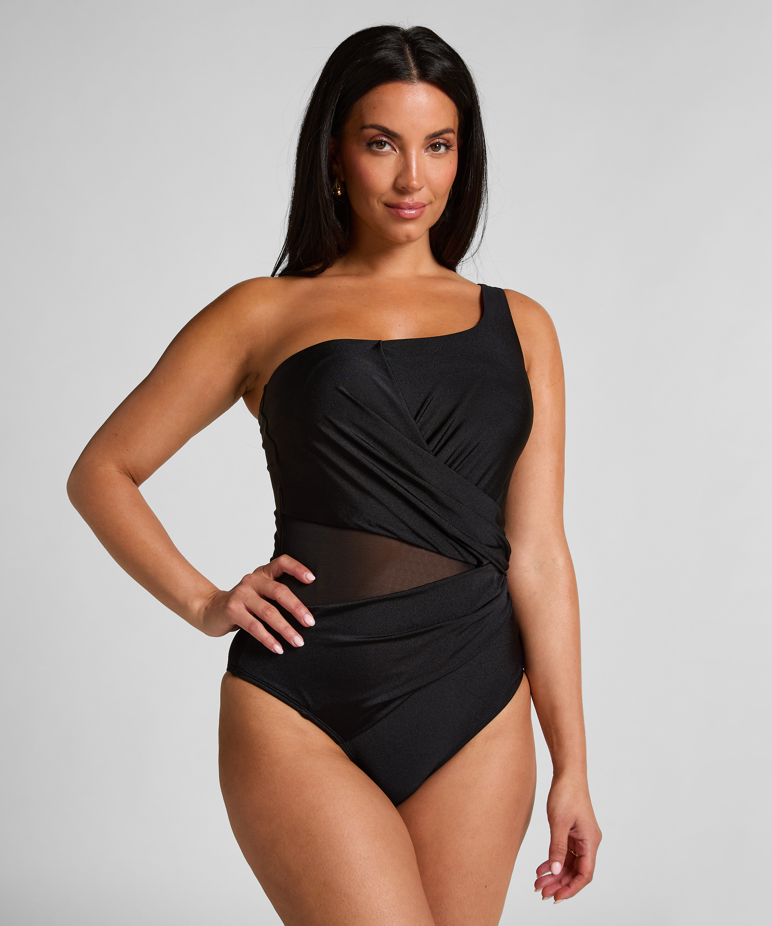 Shaping Shell Mesh Swimsuit, Black, main