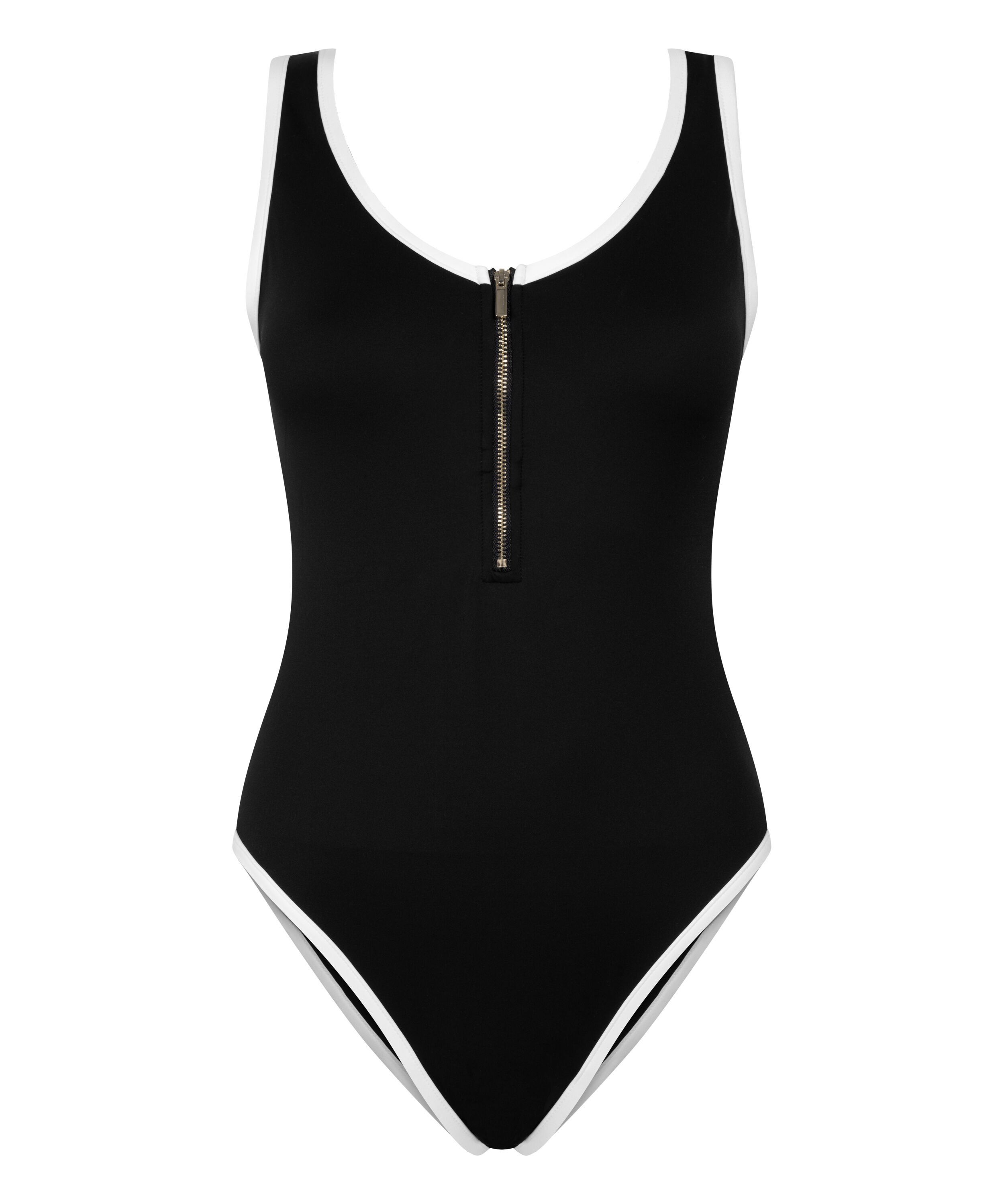 Neoprene Mono Zip Up Bathingsuit, Black