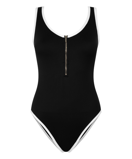 Neoprene Mono Zip Up Bathingsuit, Black