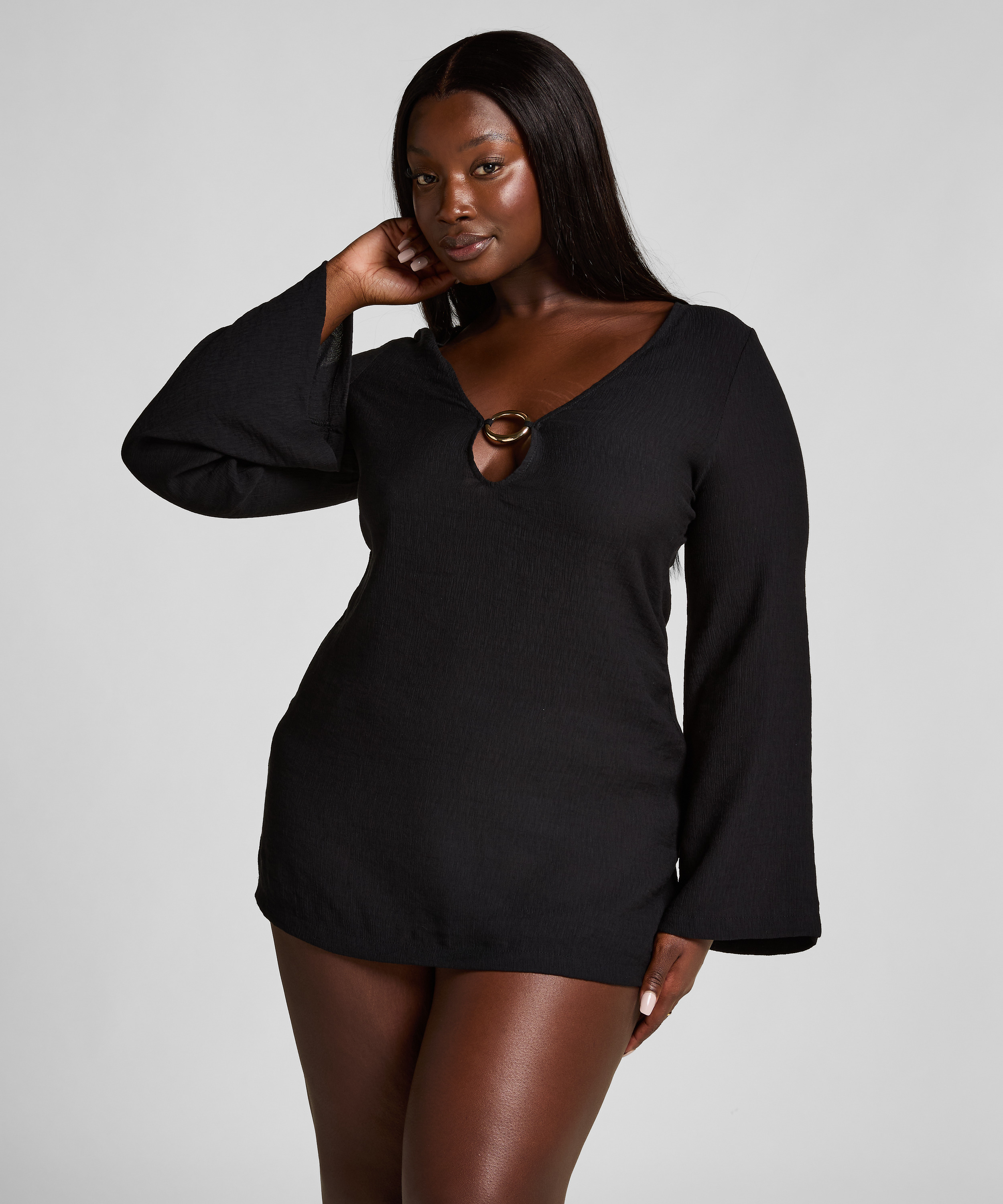 Beach Long-Sleeved Ring Dress, Black, main