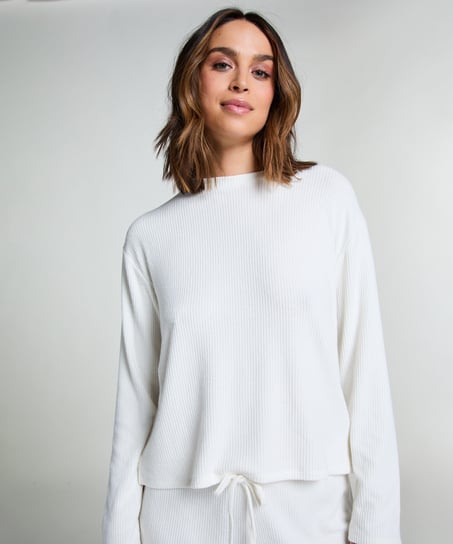Long-sleeved Knitted Ribbed Pyjama Top, White
