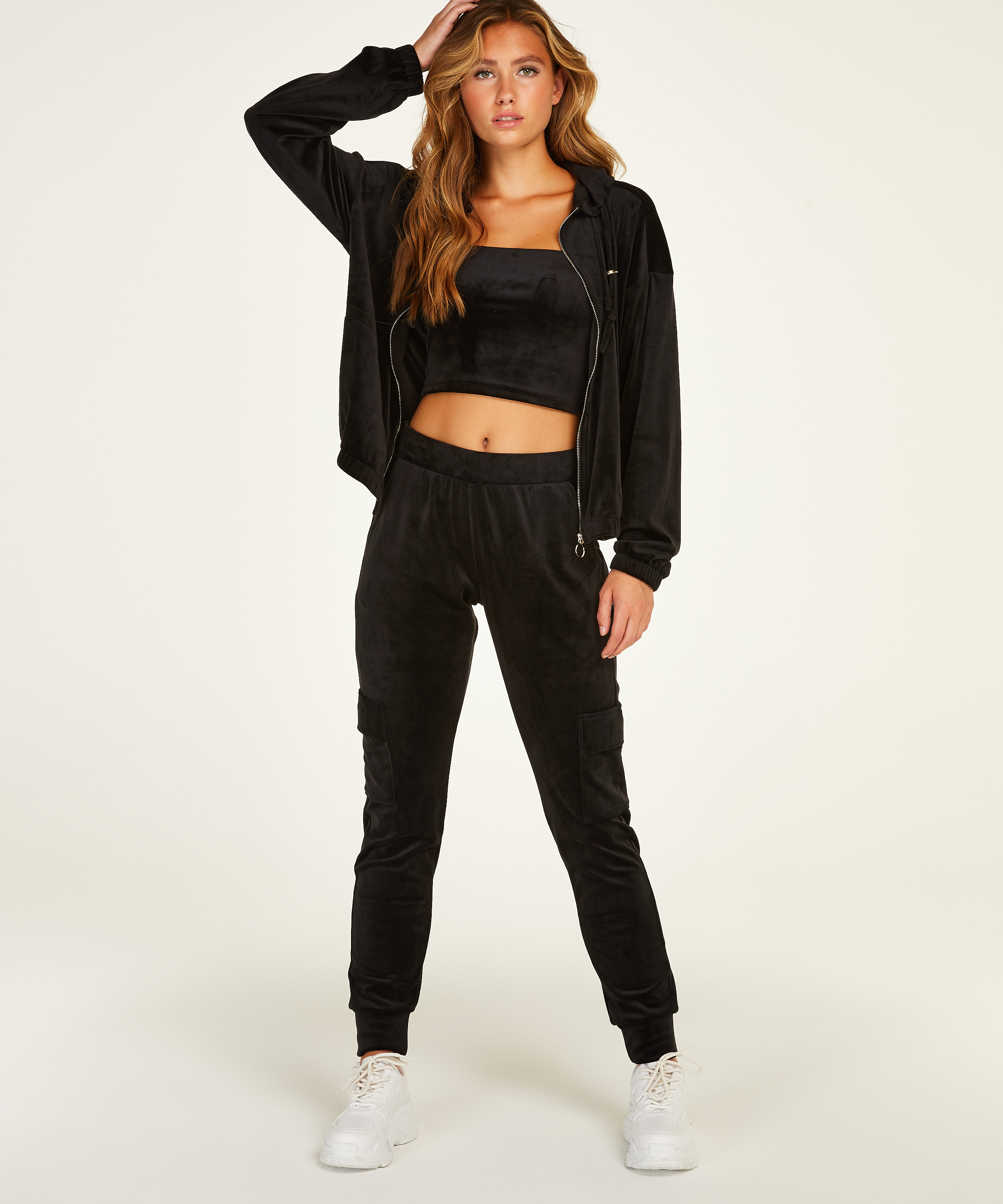 Velour hoodie jacket, Black, main